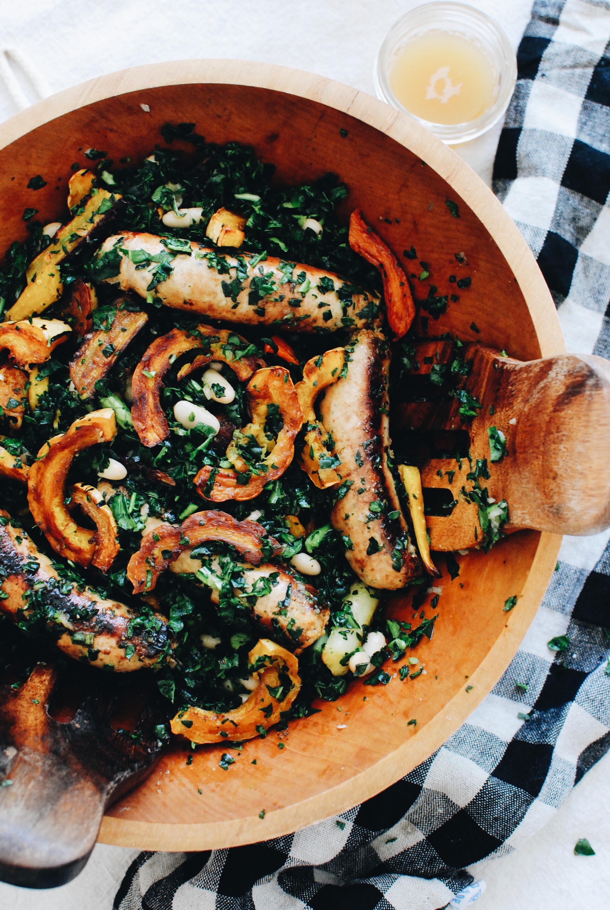 Chicken Sausage and Roasted Vegetable Kale Bowls / Bev Cooks