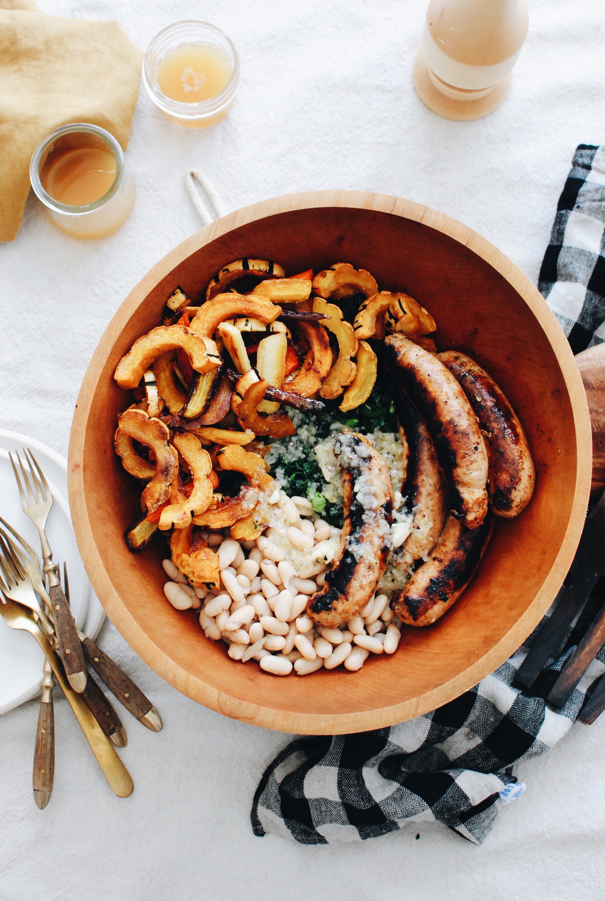 Chicken Sausage and Roasted Vegetable Kale Bowls / Bev Cooks