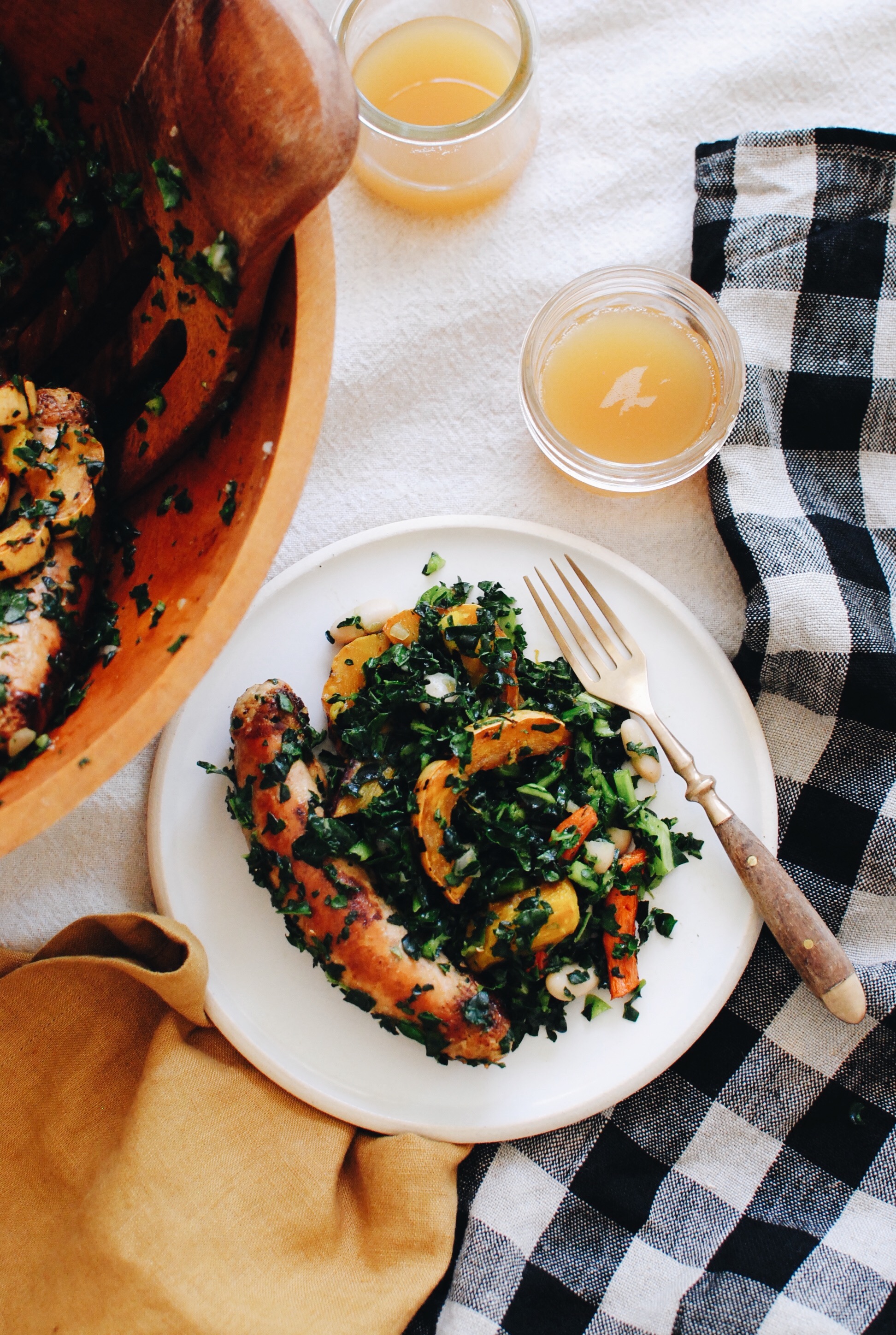 Chicken Sausage and Roasted Vegetable Kale Bowls / Bev Cooks