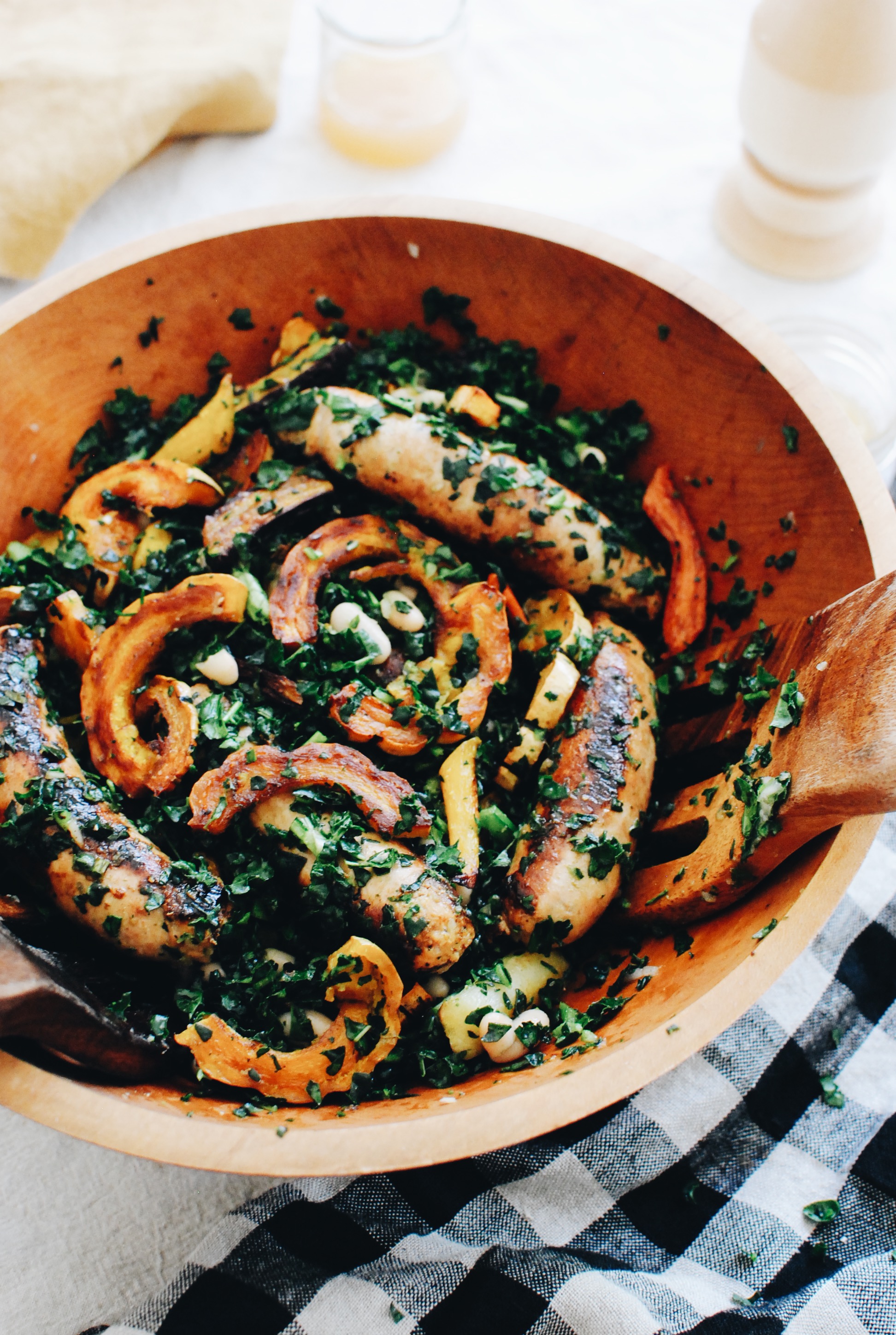 Chicken Sausage and Roasted Vegetable Kale Bowls / Bev Cooks