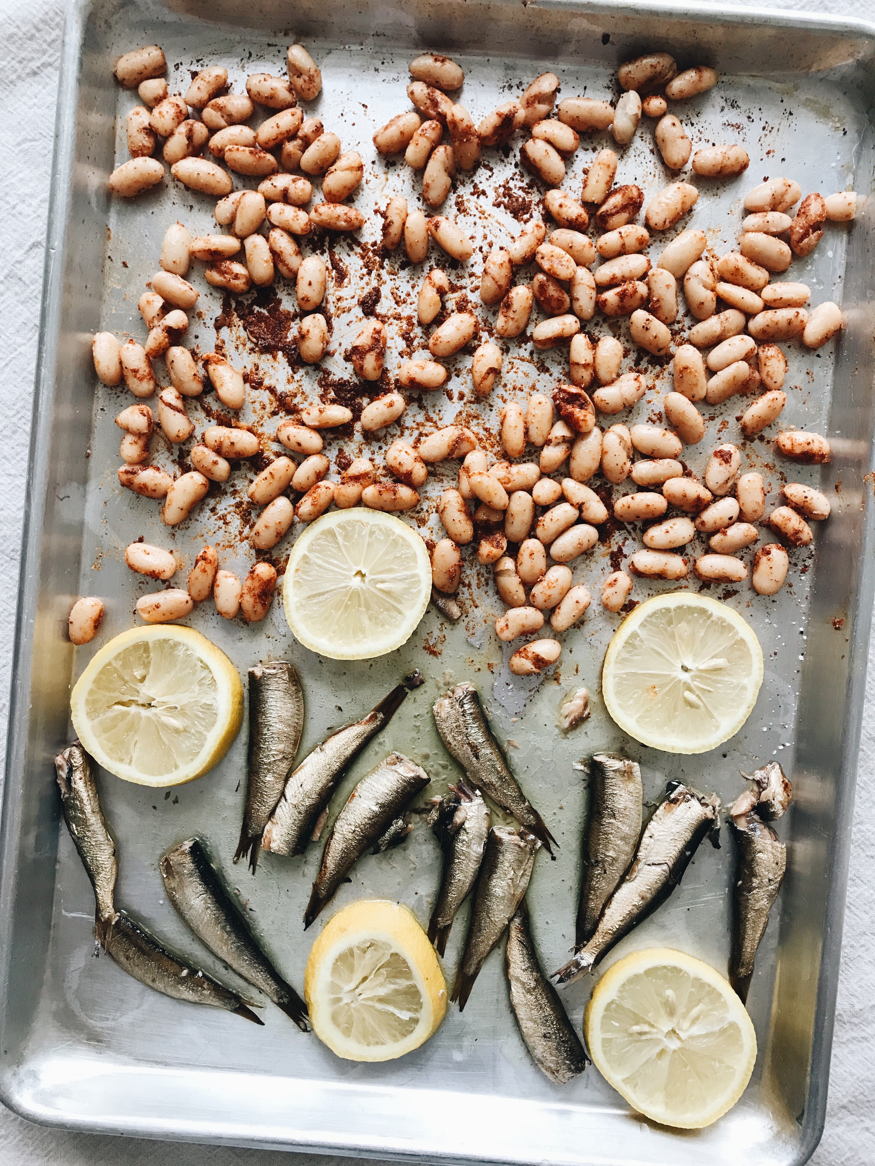 Kale Salad with Roasted Sardines and Beans / Bev Cooks