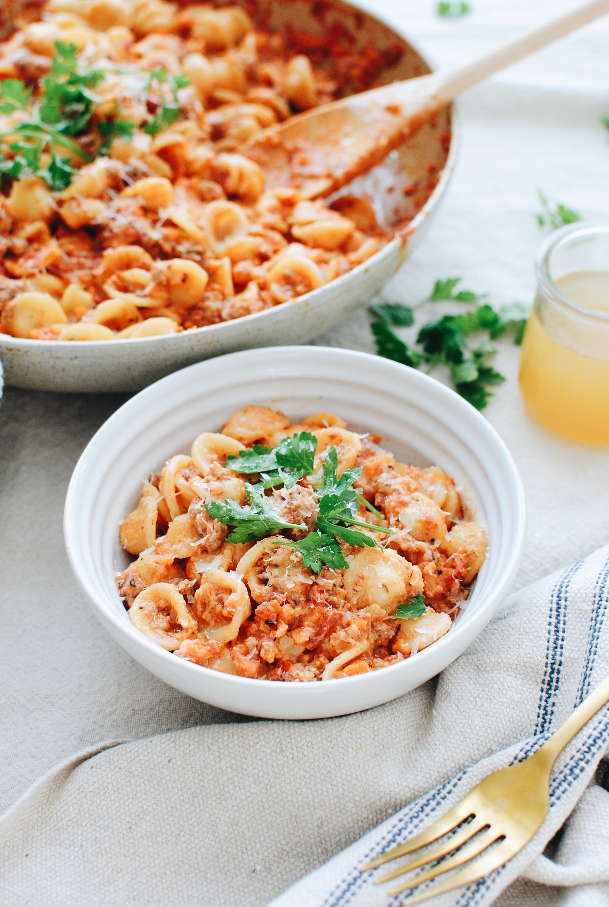 Creamy Orecchiette Turkey Bolognese / Bev Cooks