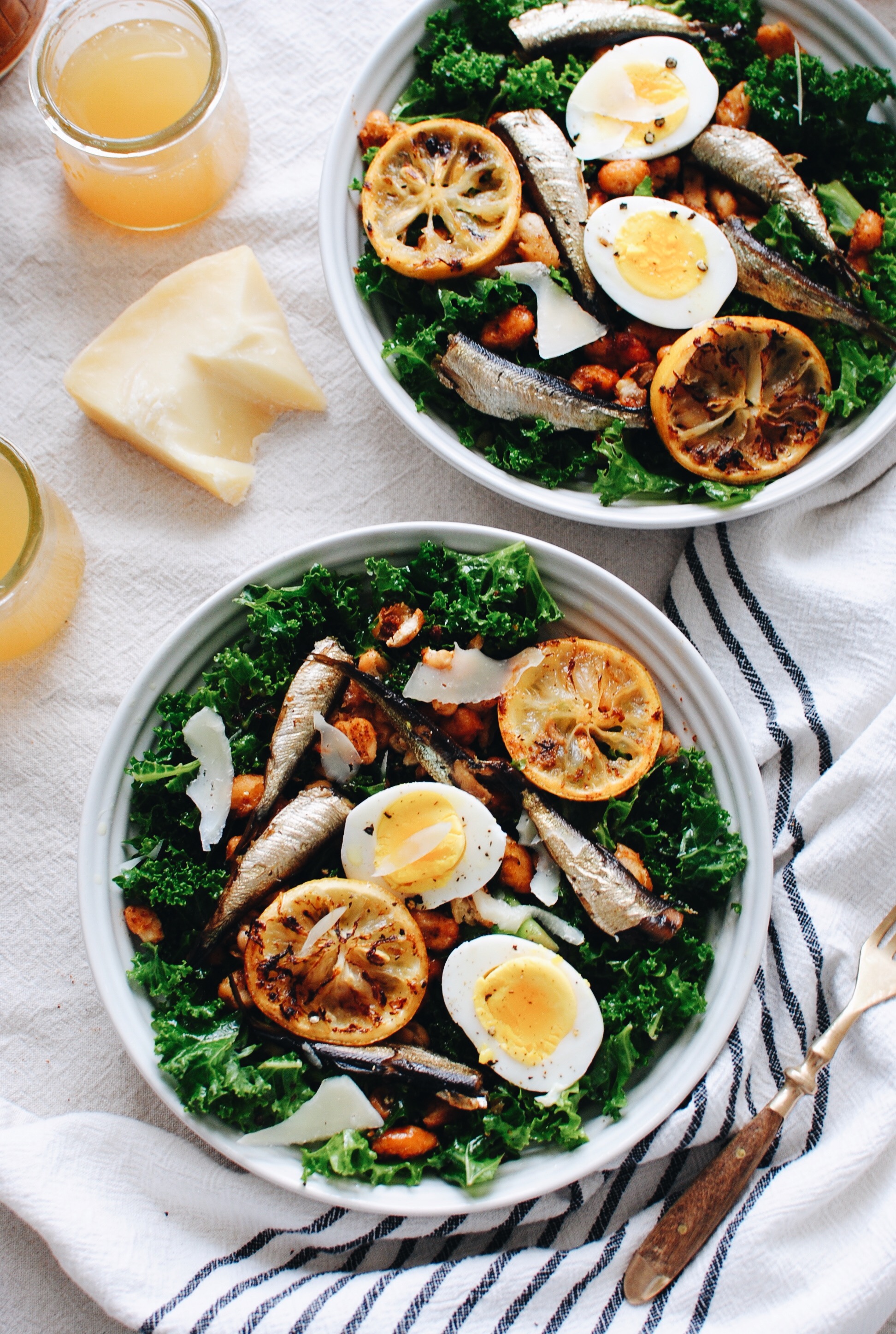 Kale Salad with Roasted Sardines and Beans / Bev Cooks