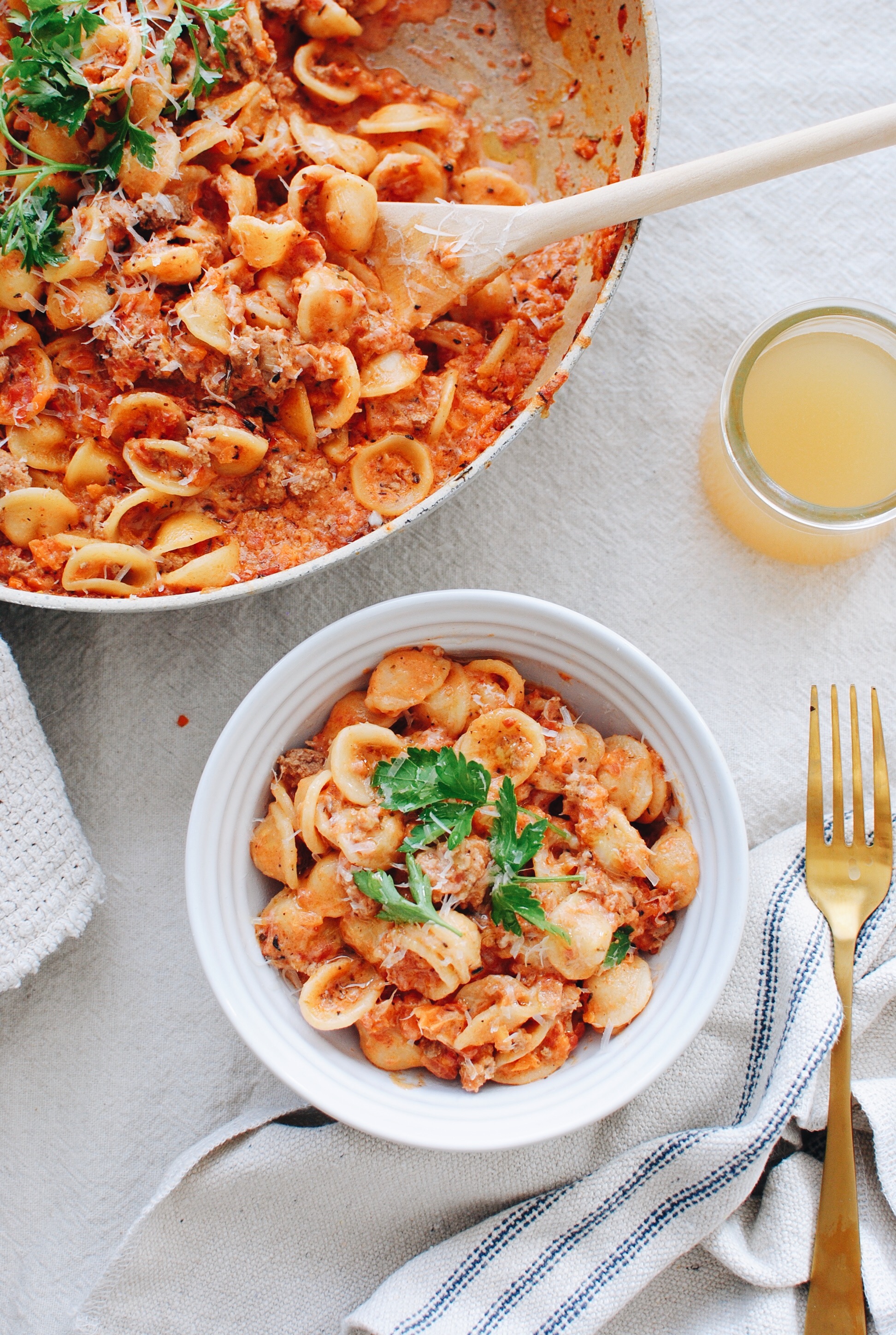 Creamy Orecchiette Turkey Bolognese / Bev Cooks