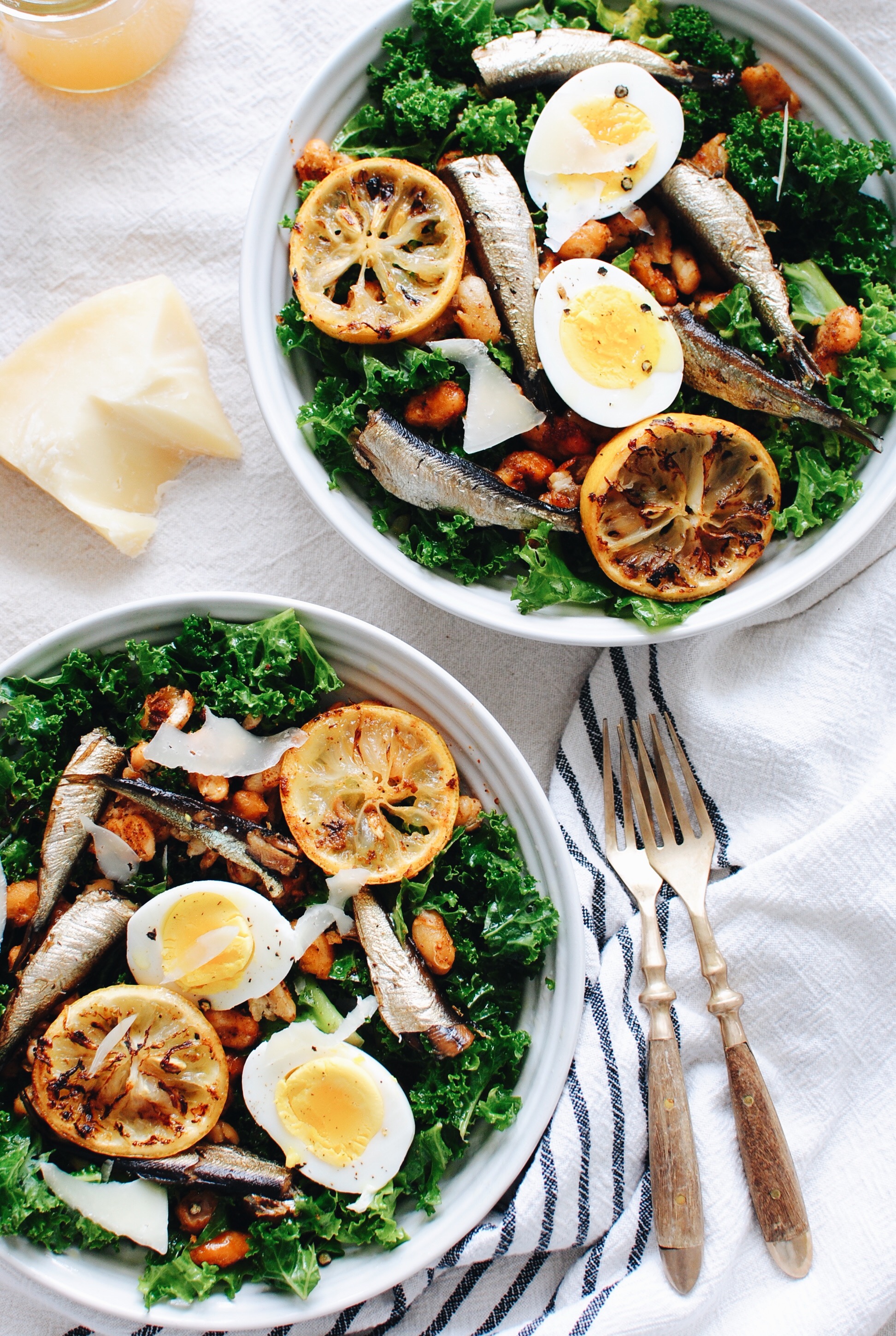 Kale Salad with Roasted Sardines and Beans / Bev Cooks