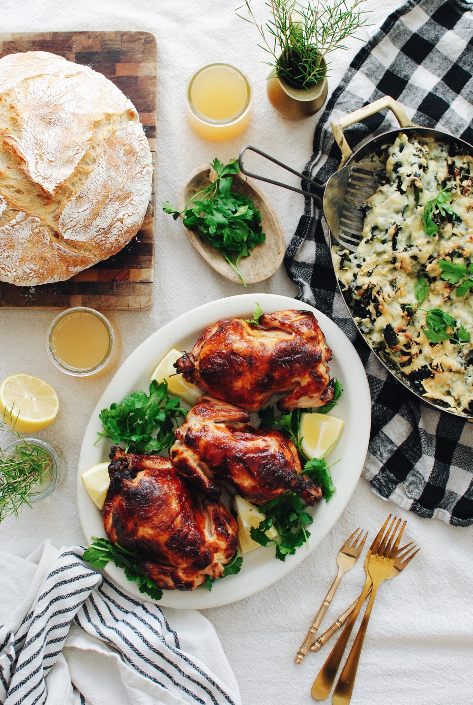 Buttermilk-Brined Cornish Game Hens with a Rustic Kale Gratin / Bev Cooks