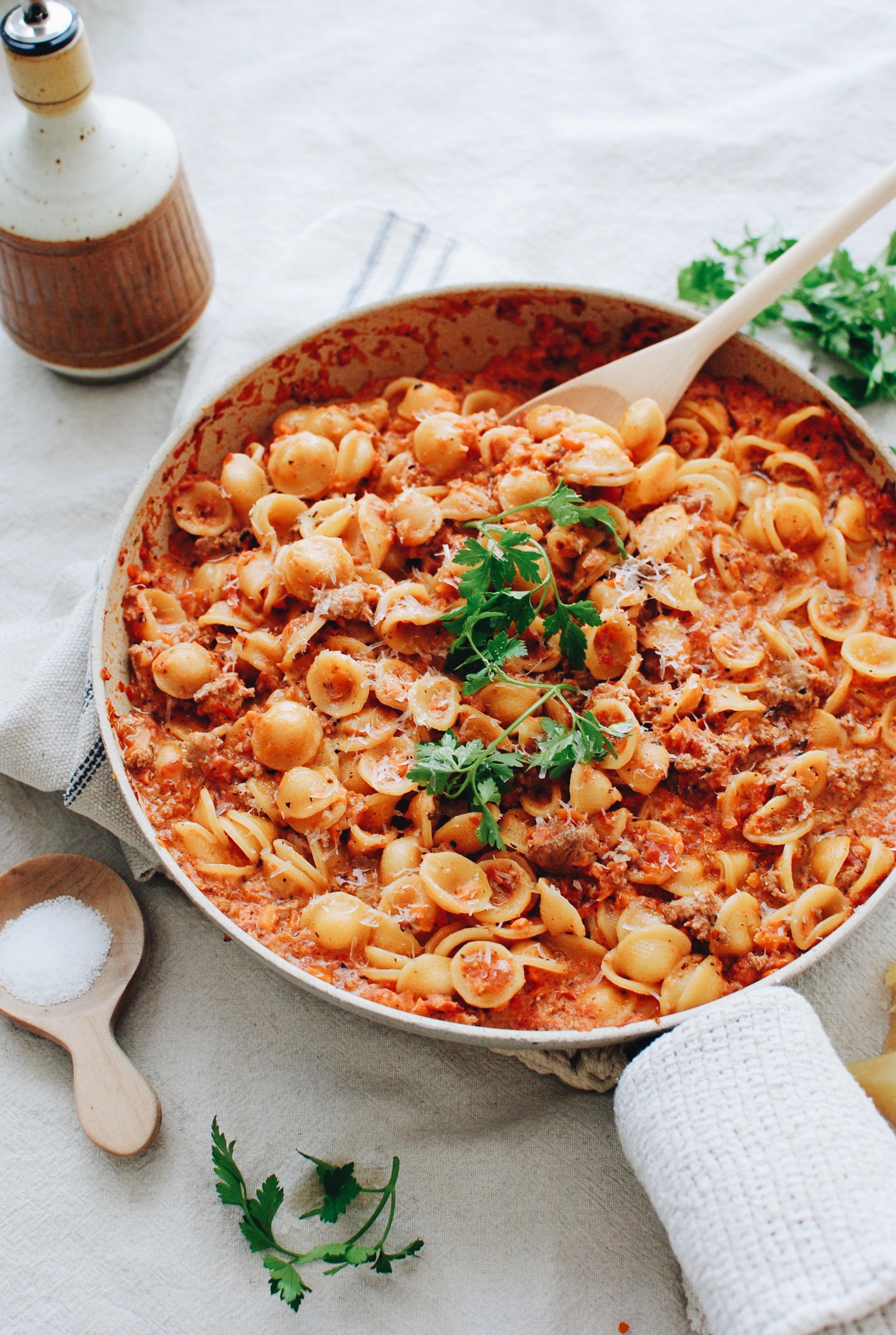 Creamy Orecchiette Turkey Bolognese / Bev Cooks