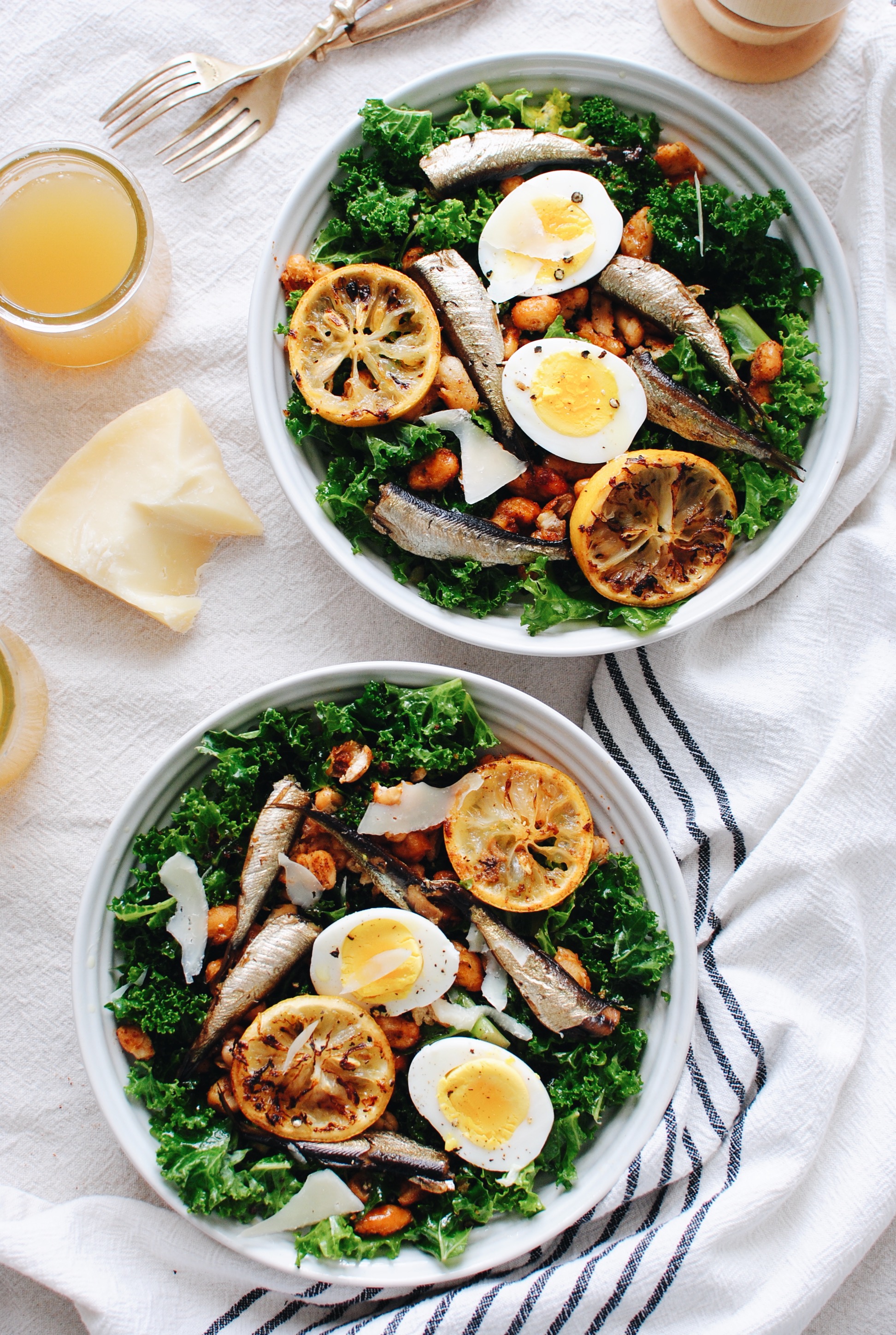 Kale Salad with Roasted Sardines and Beans / Bev Cooks