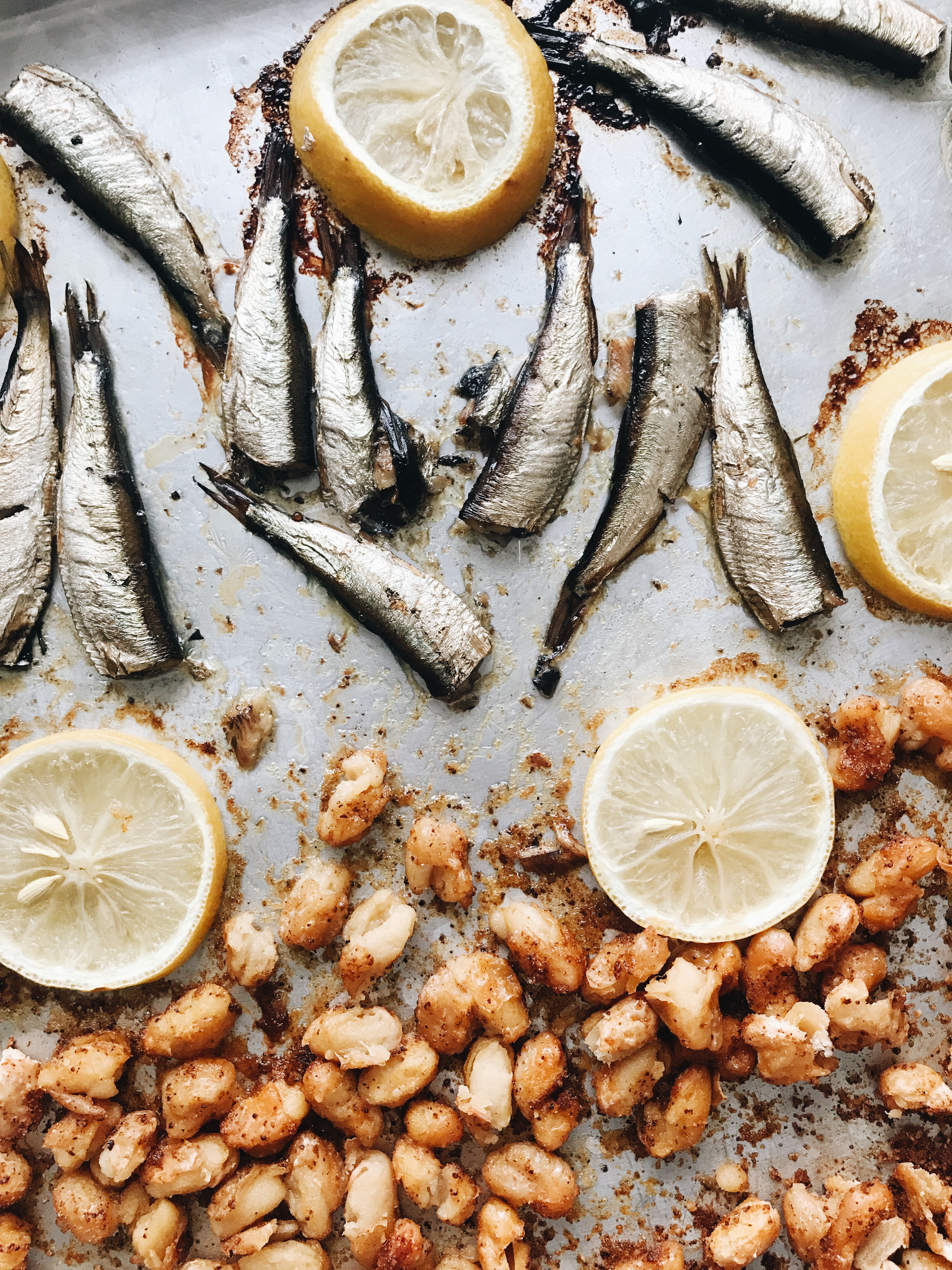 Kale Salad with Roasted Sardines and Beans / Bev Cooks