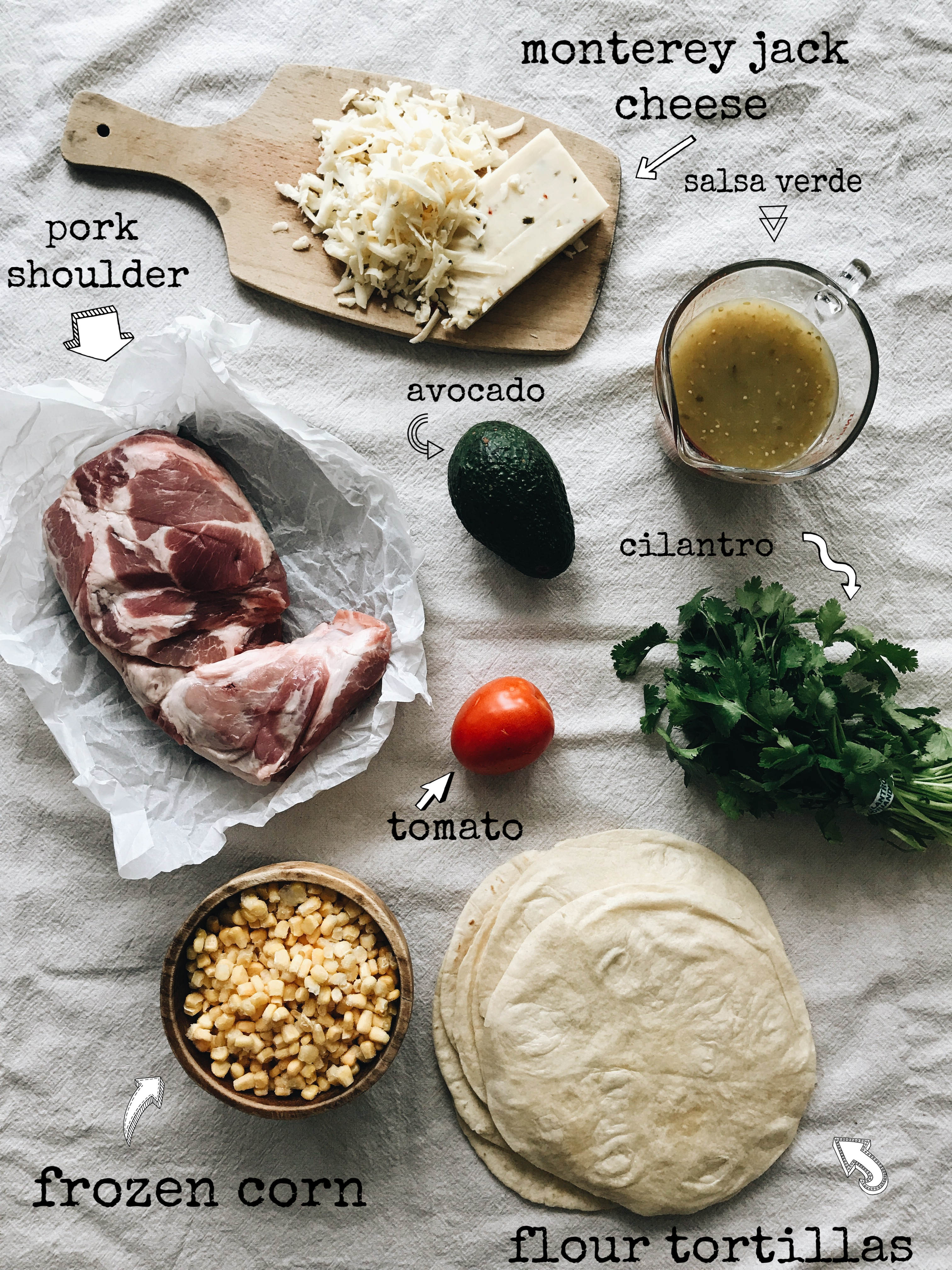 Salsa Verde Pork Burritos / Bev Cooks