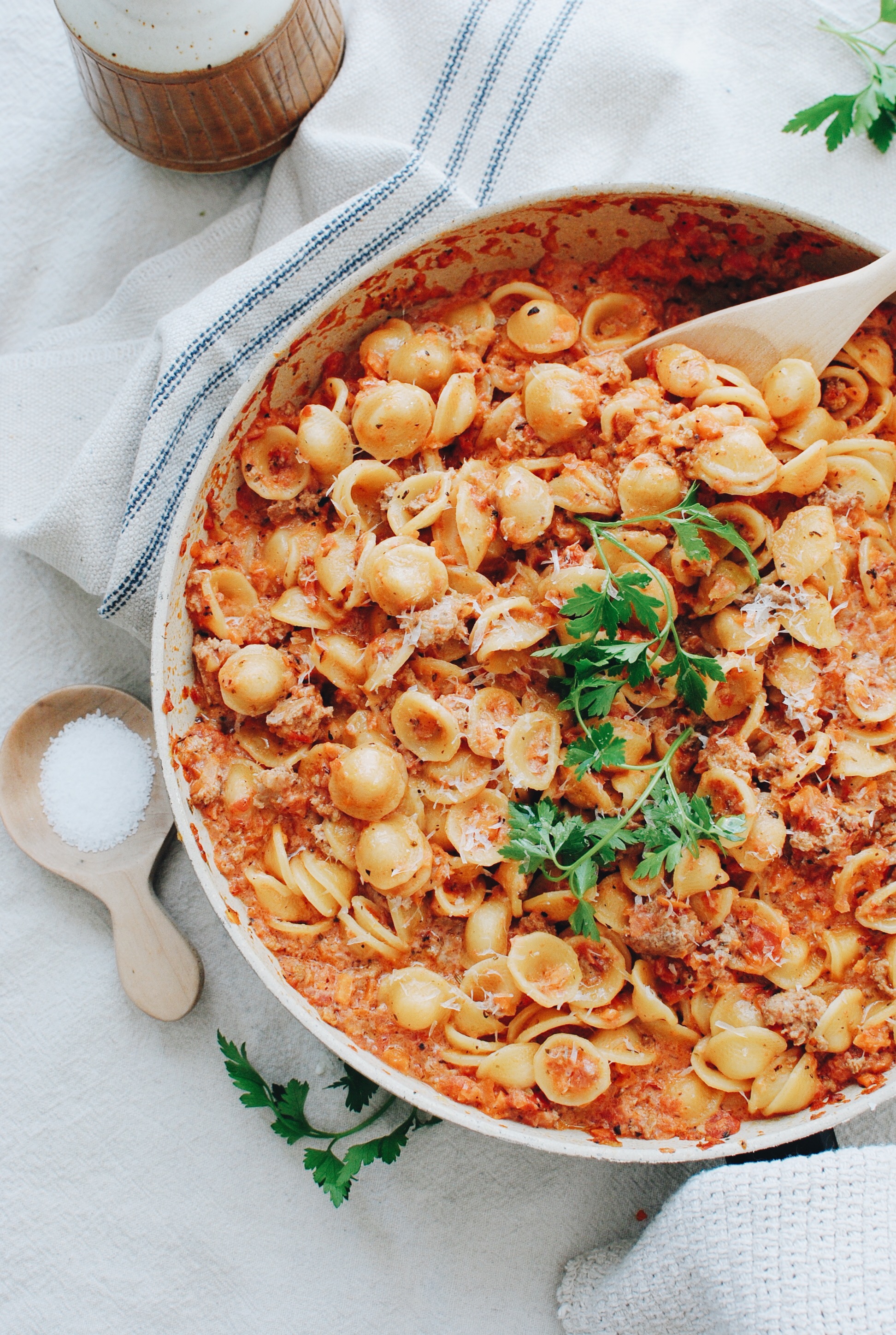 Creamy Orecchiette Turkey Bolognese / Bev Cooks