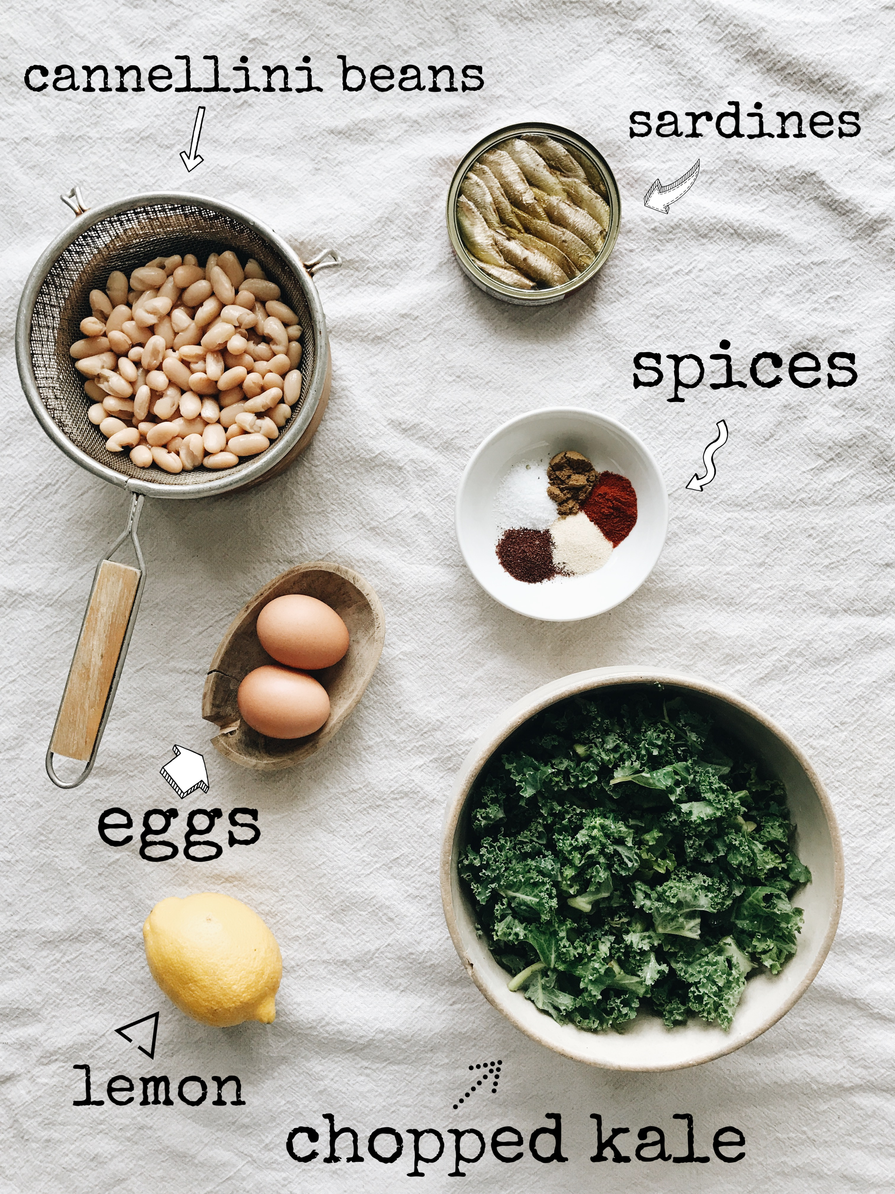 Kale Salad with Roasted Sardines and Beans / Bev Cooks