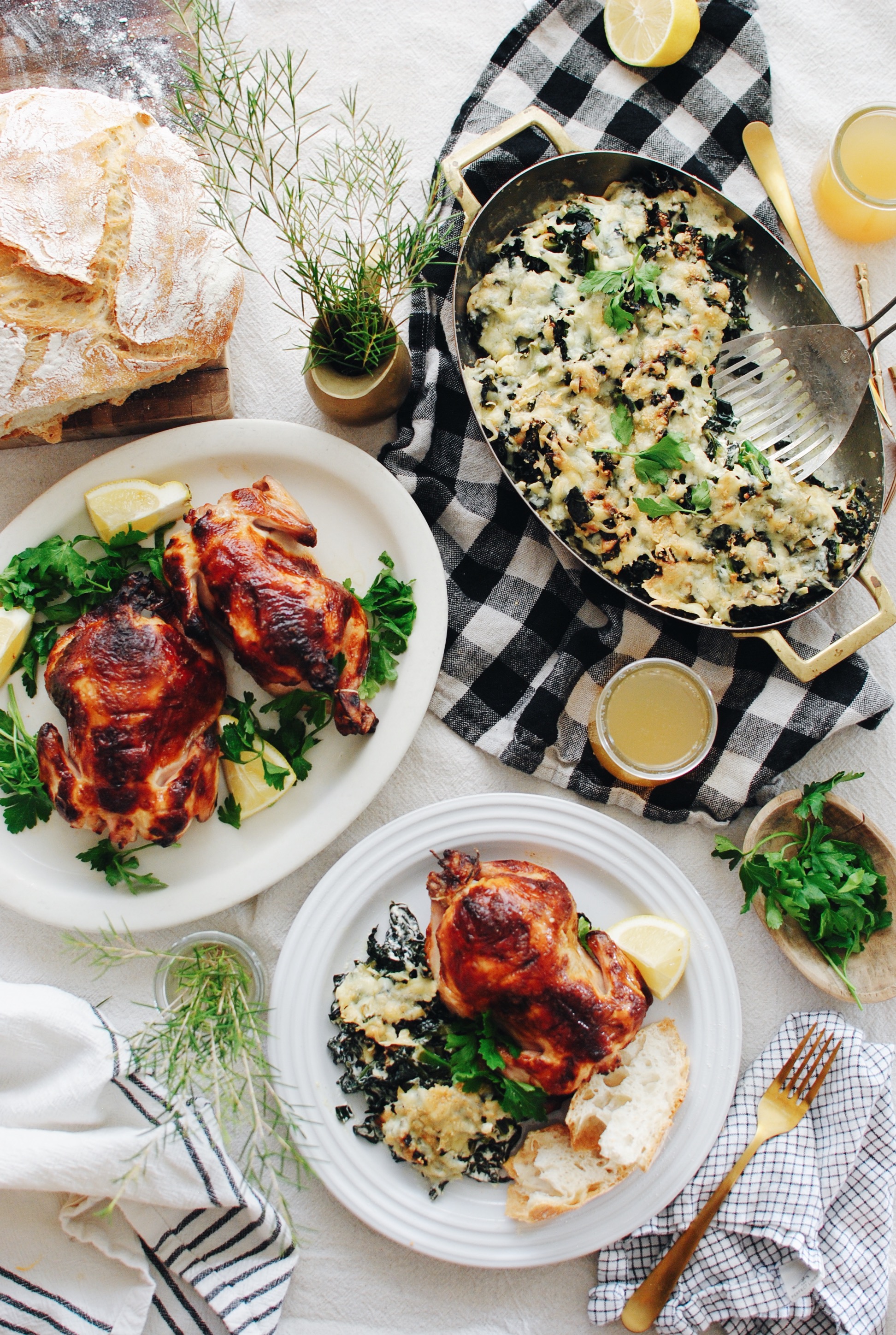 Buttermilk-Brined Cornish Game Hens with a Rustic Kale Gratin / Bev Cooks