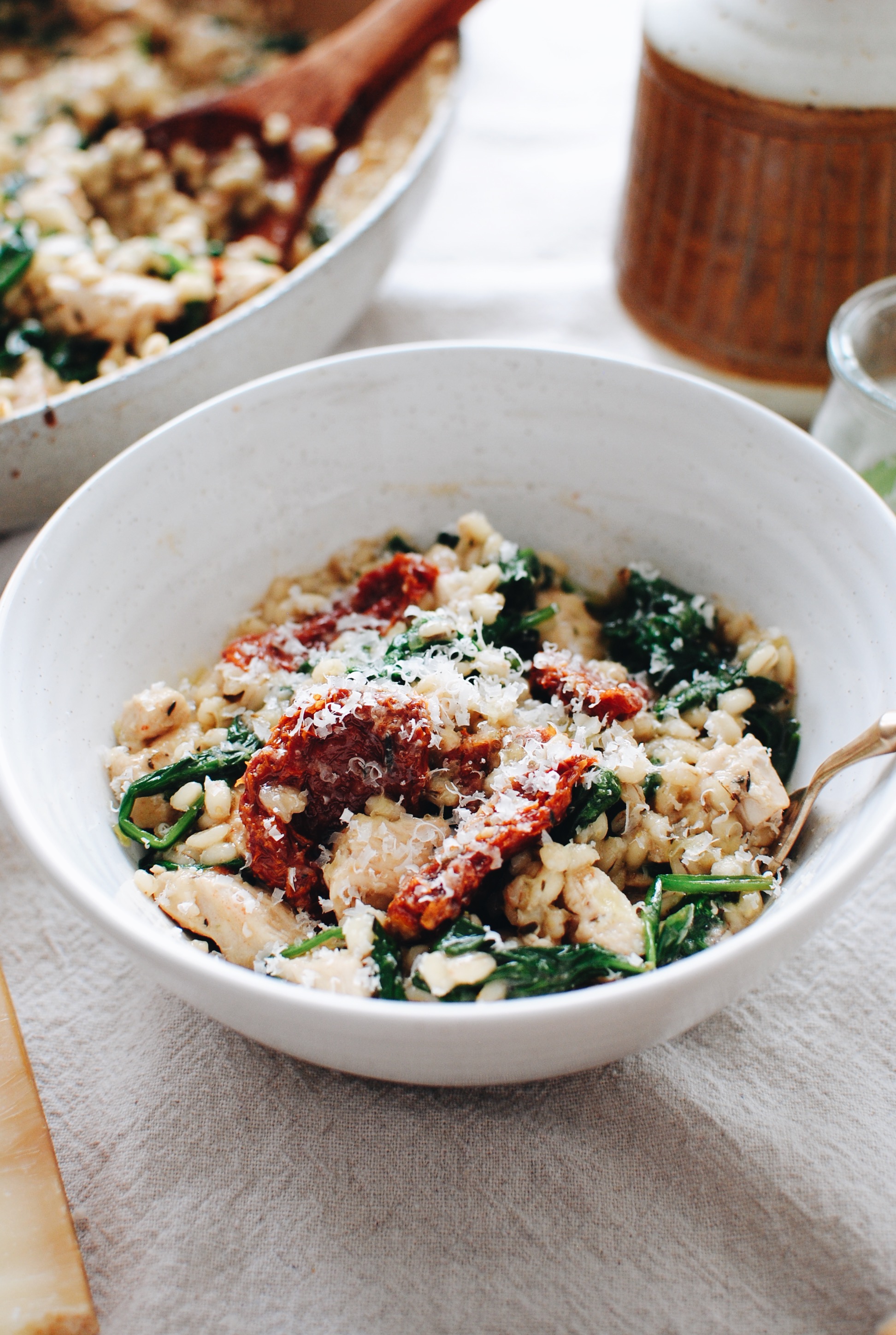 Barley Risotto with Chicken, Spinach and Sun-dried Tomatoes / Bev Cooks