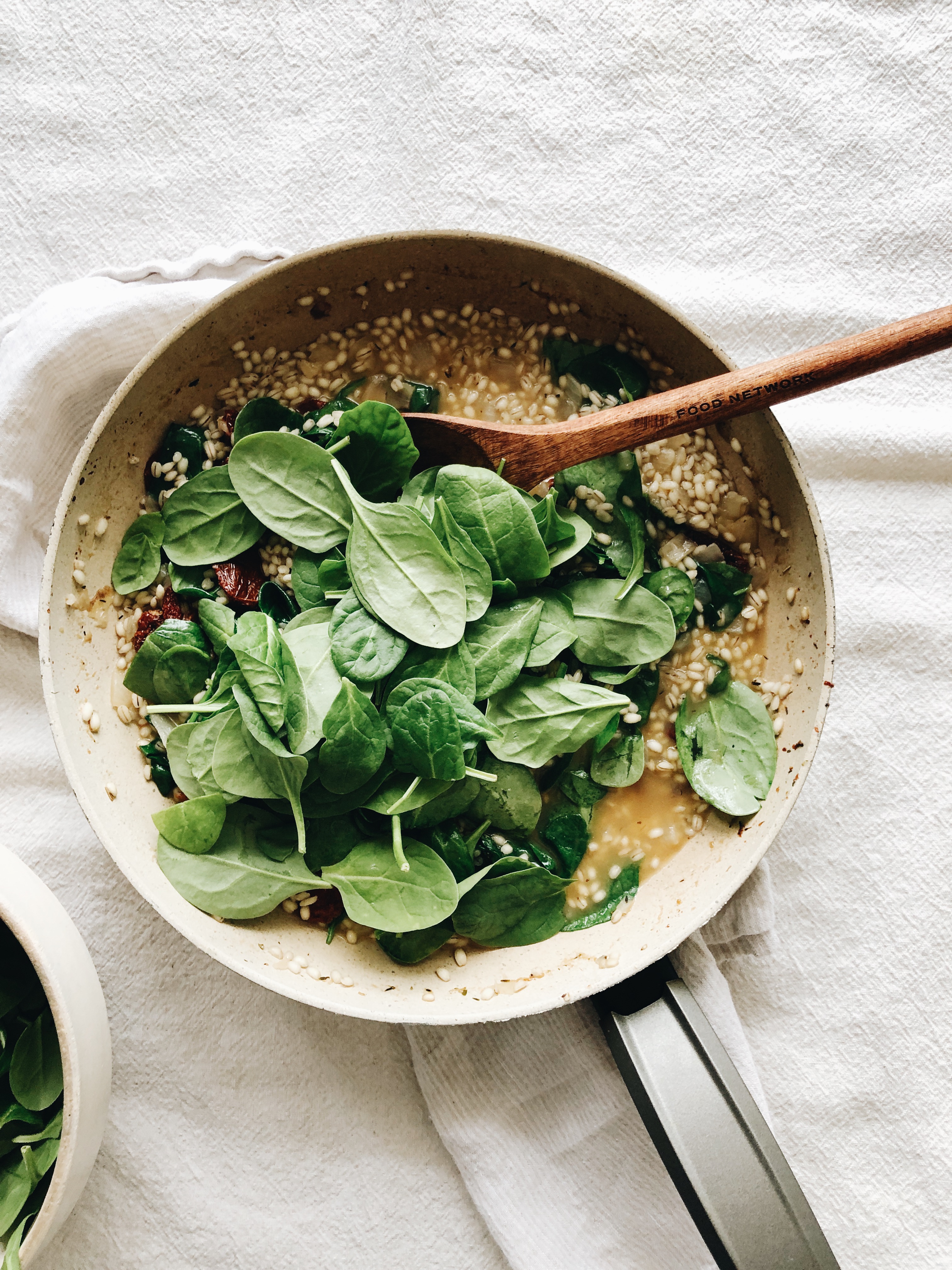 Barley Risotto with Chicken, Spinach and Sun-dried Tomatoes / Bev Cooks