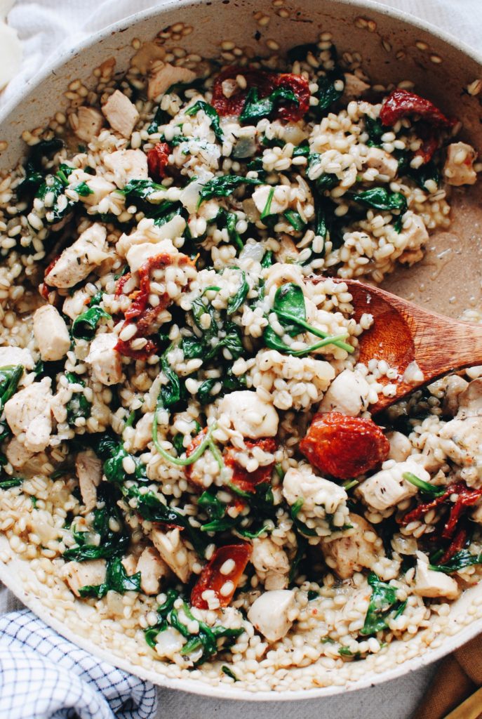 Barley Risotto with Chicken, Spinach and Sun-dried Tomatoes - Bev Cooks