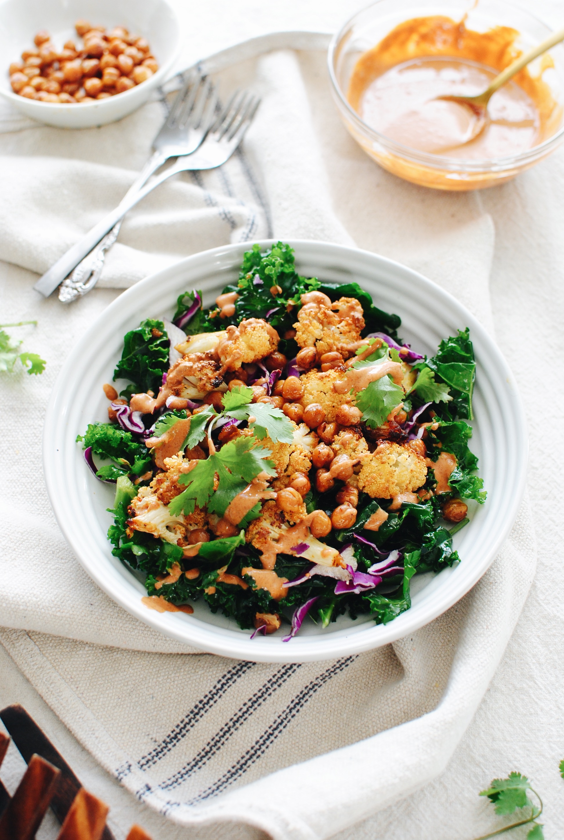 Roasted BBQ Cauliflower and Chickpea Bowls / Bev Cooks