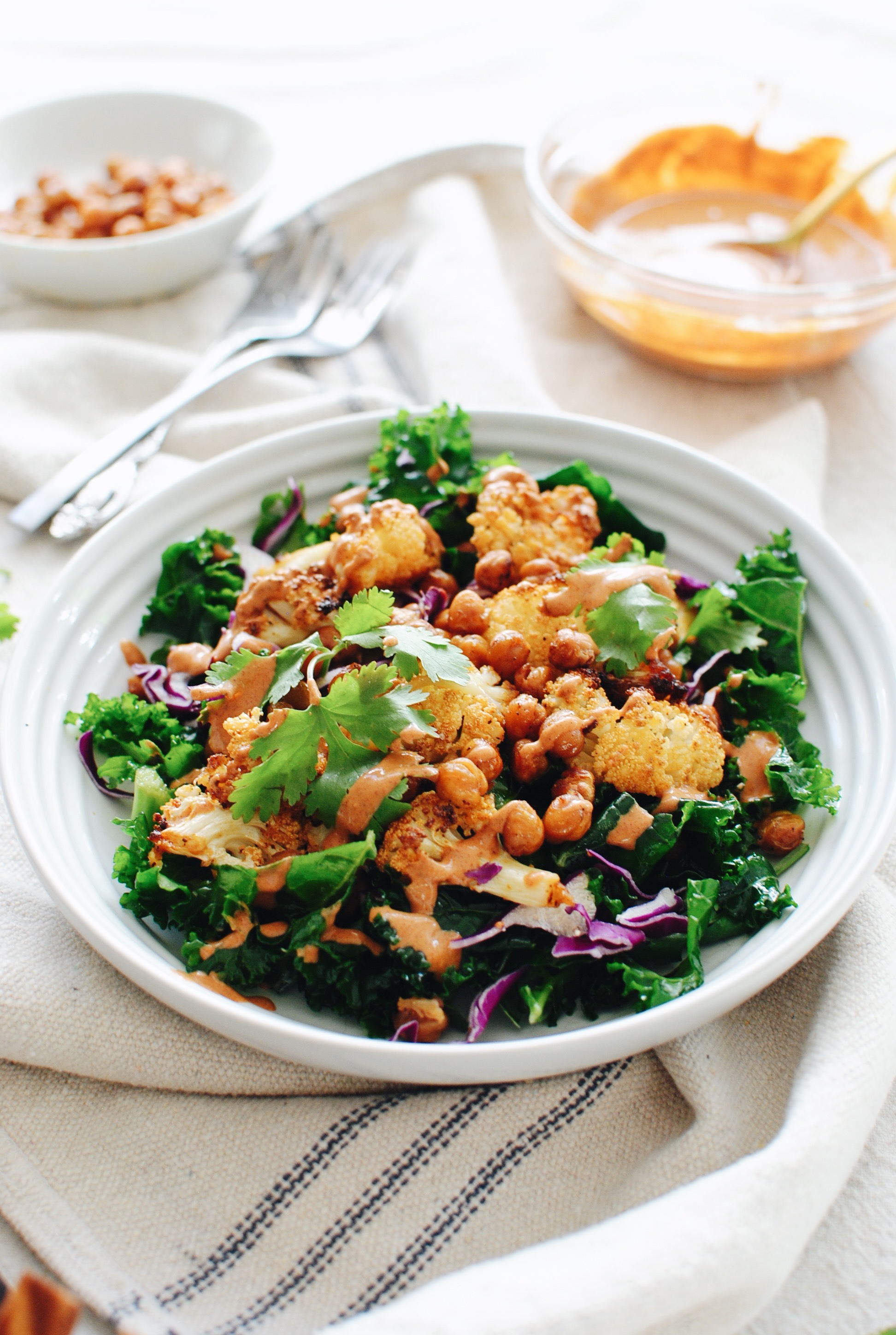 Roasted BBQ Cauliflower and Chickpea Bowls / Bev Cooks