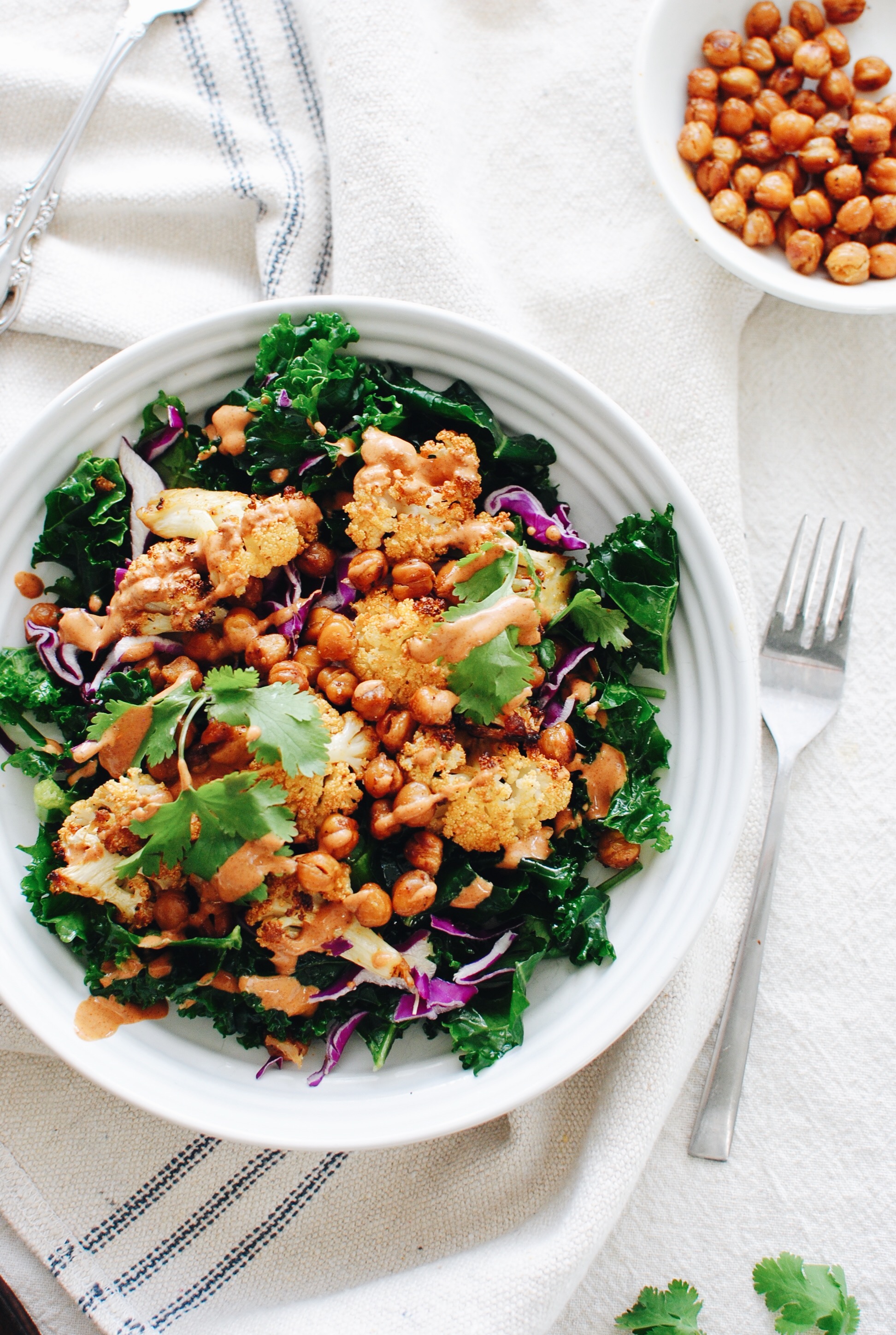 Roasted BBQ Cauliflower and Chickpea Bowls / Bev Cooks
