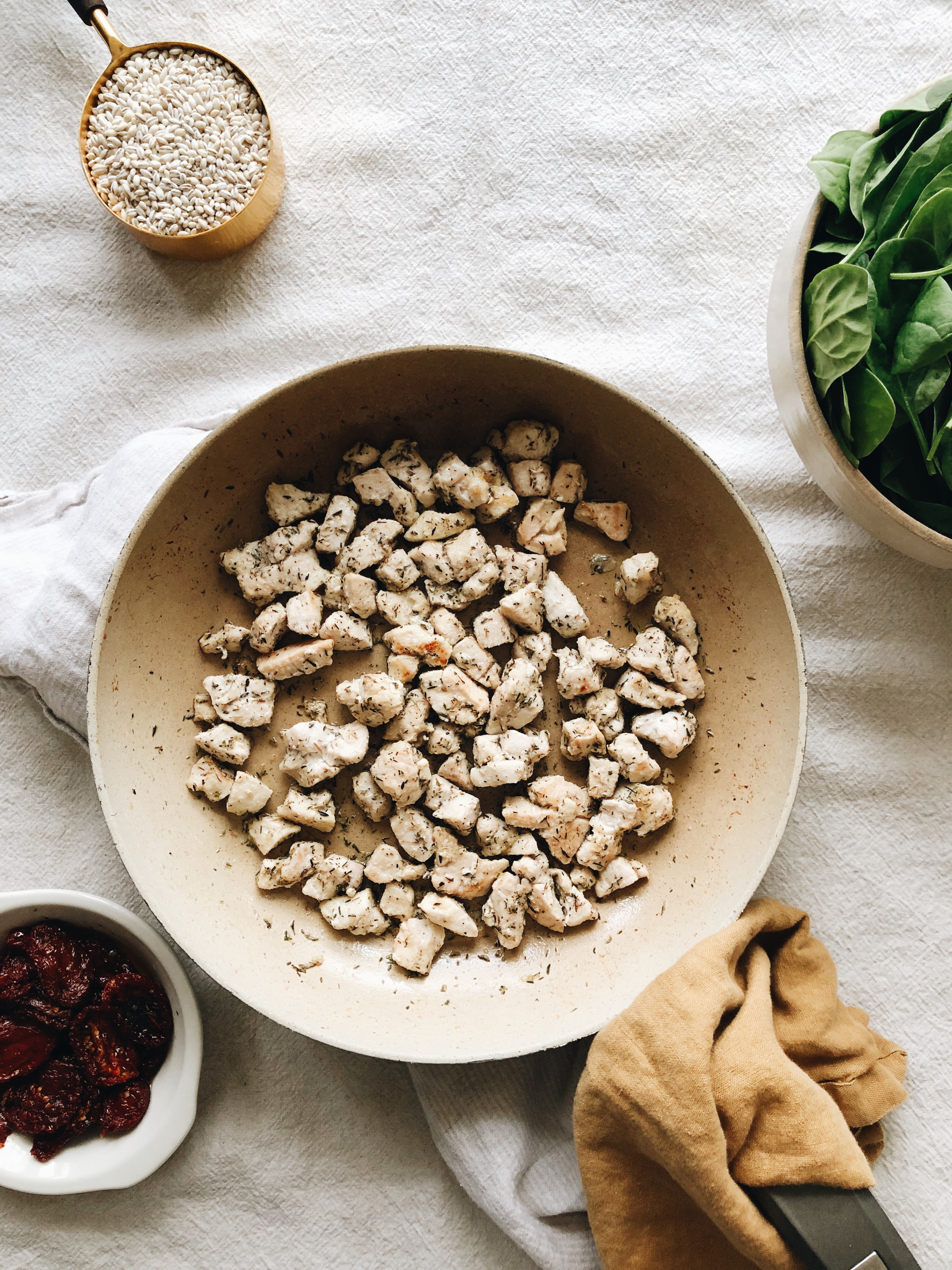 Barley Risotto with Chicken, Spinach and Sun-dried Tomatoes / Bev Cooks