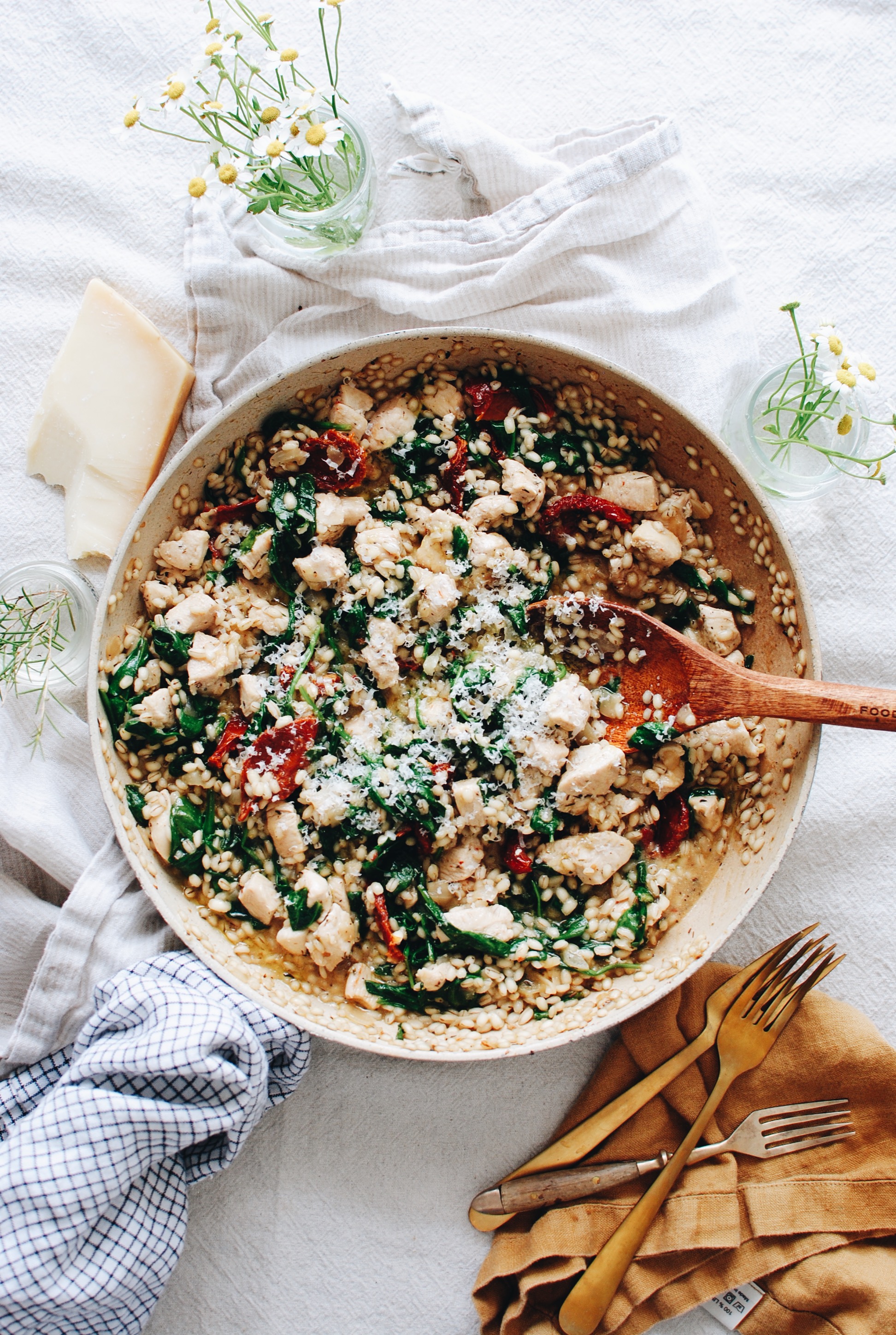 Barley Risotto with Chicken, Spinach and Sun-dried Tomatoes / Bev Cooks