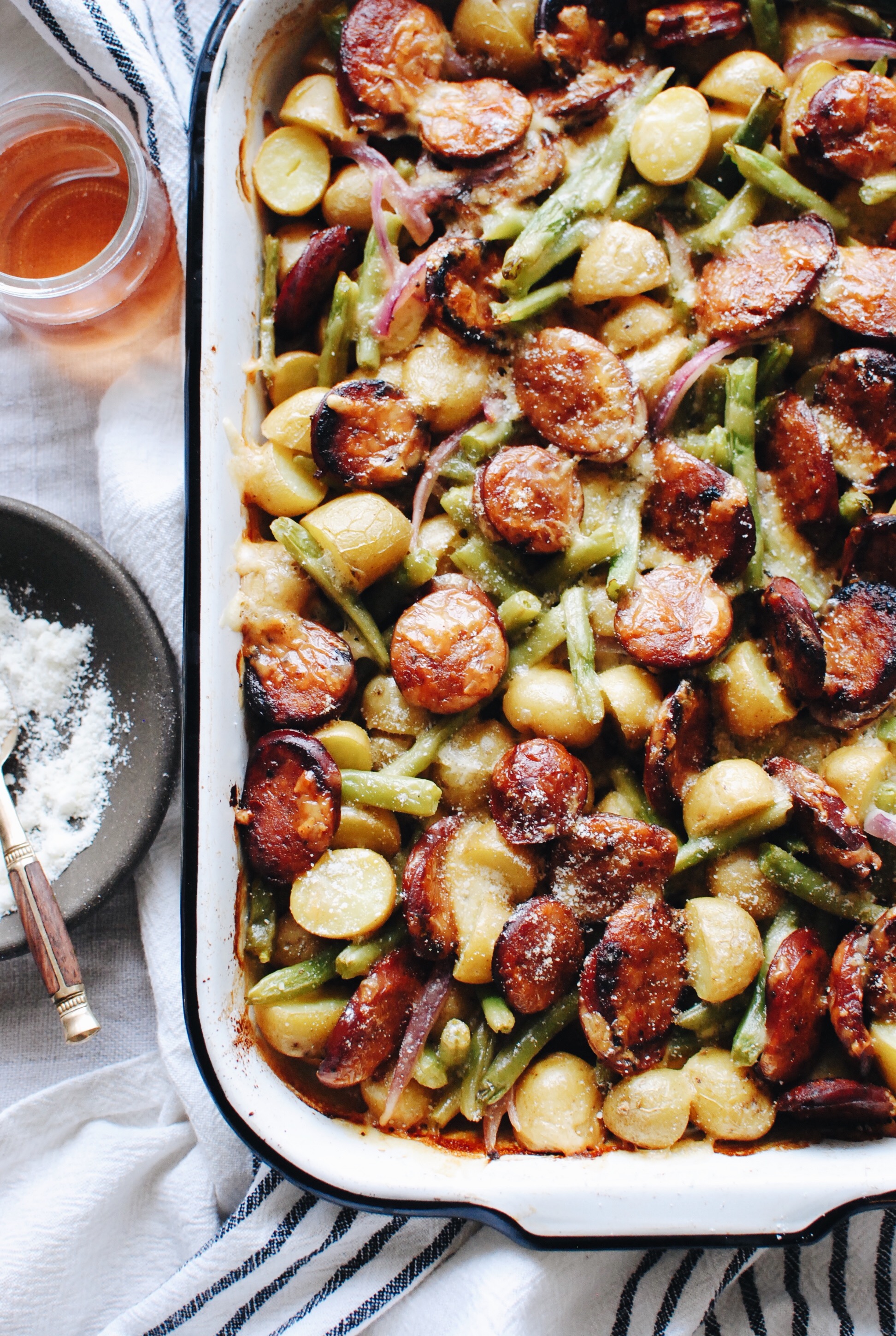 Cheesy Sausage, Green Bean and Potato Bake / Bev Cooks