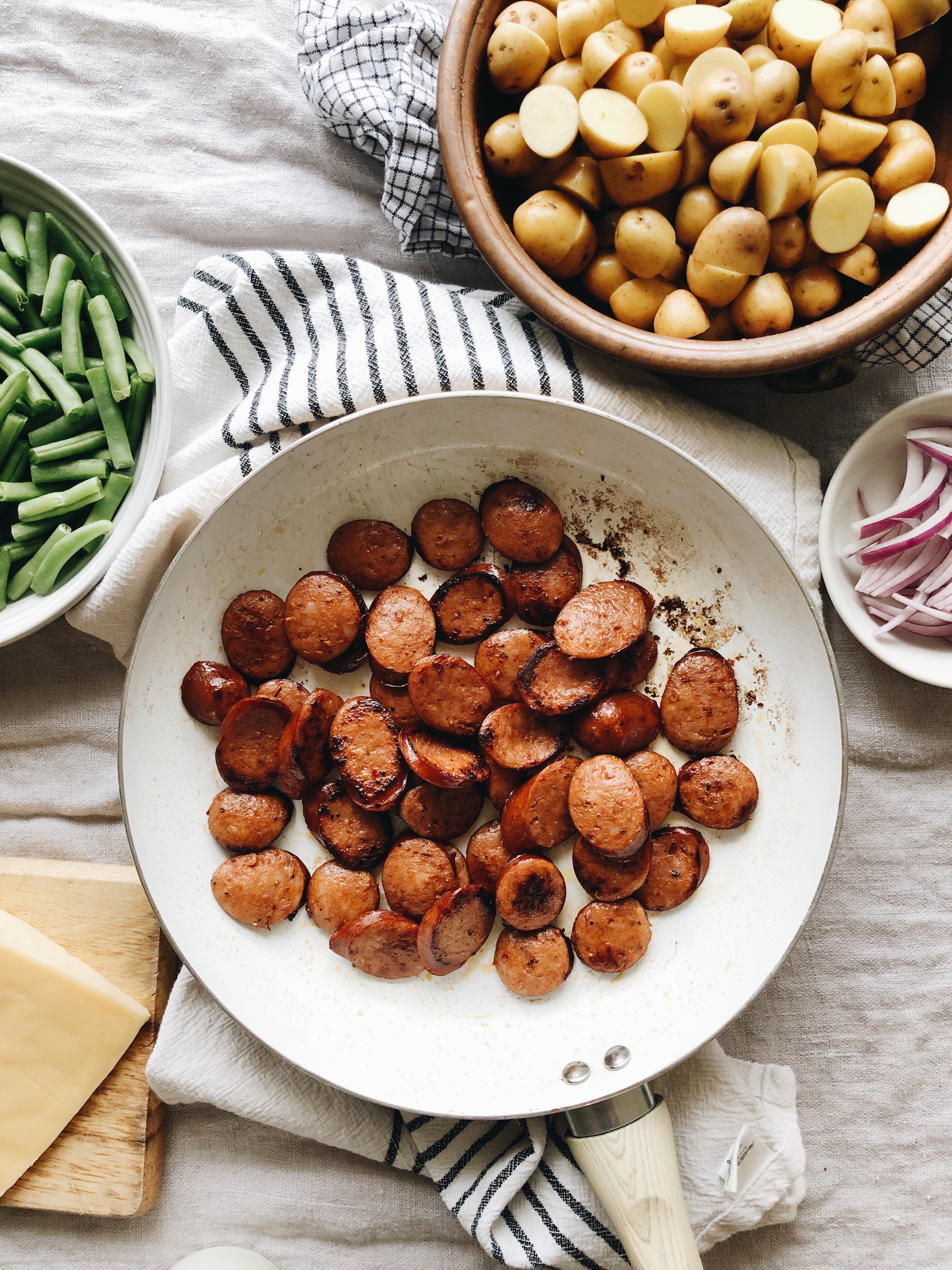 Cheesy Sausage, Green Bean and Potato Bake / Bev Cooks