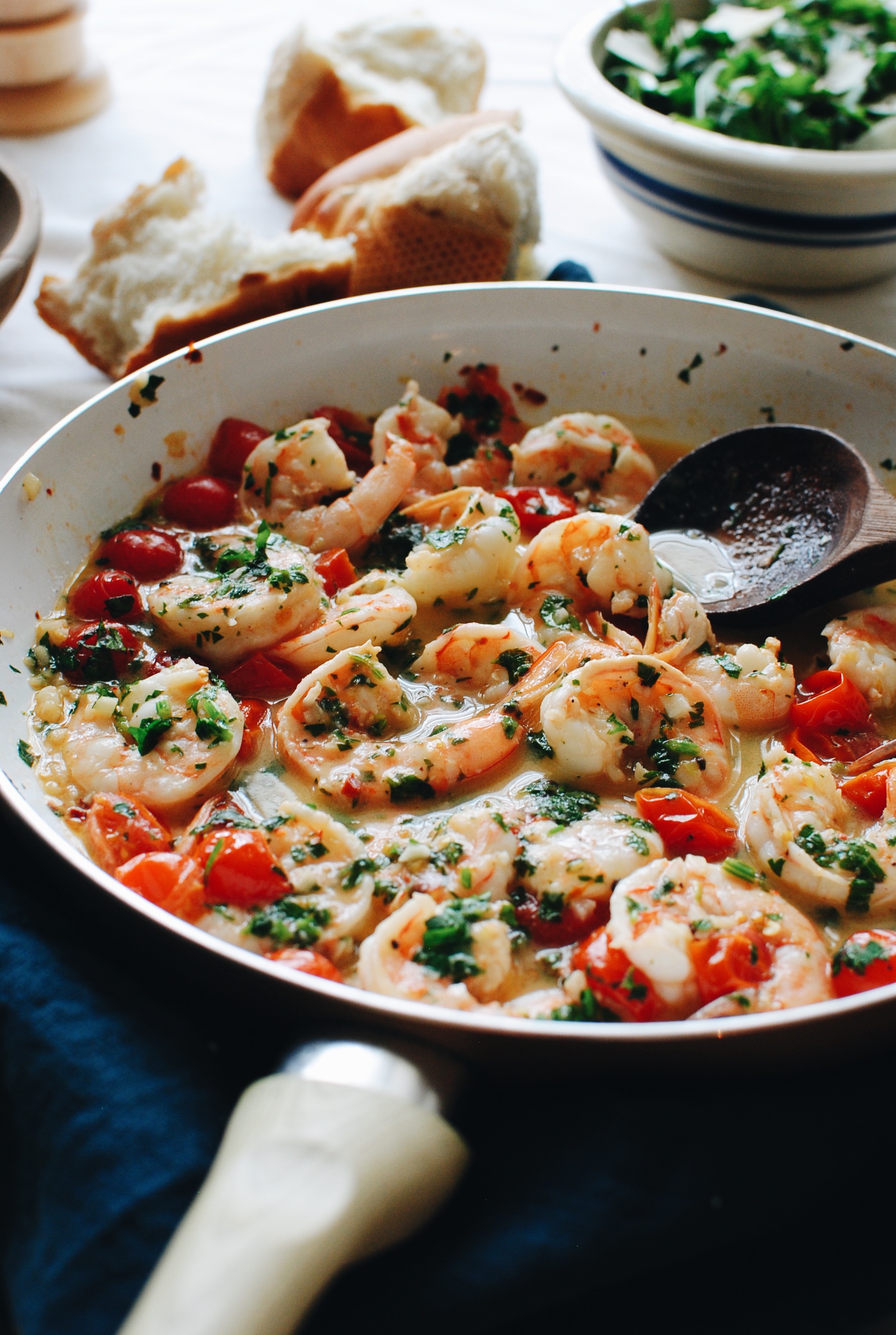 Shrimp Scampi with Tomatoes and Crusty Bread / Bev Cooks