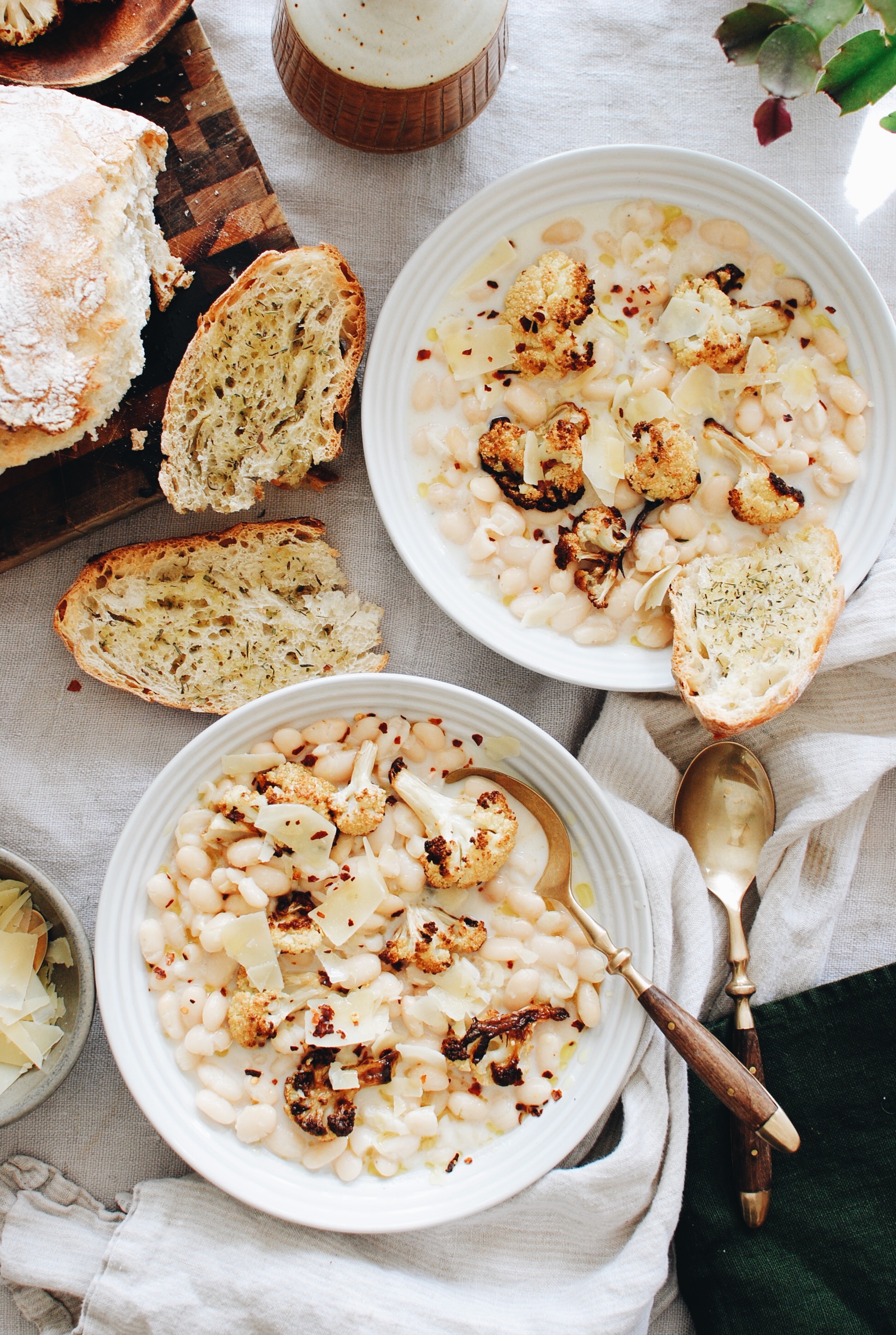 Creamy White Beans with Roasted Cauliflower / Bev Cooks