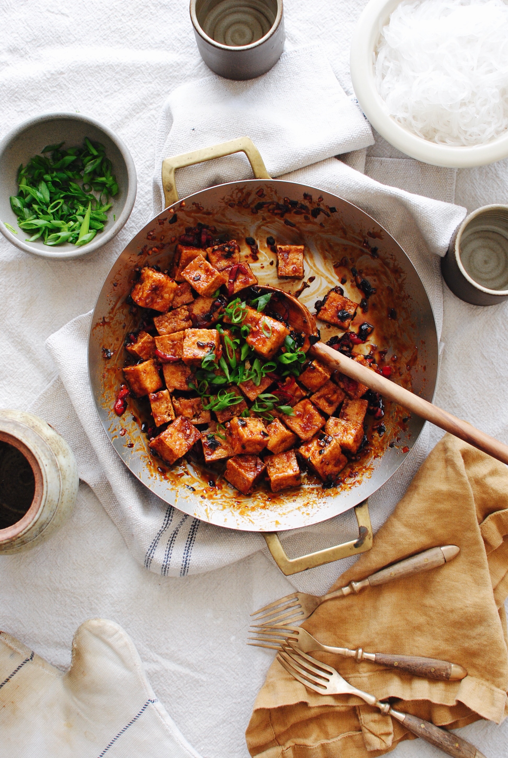 Sticky Tofu with Glass Noodles / Bev Cooks