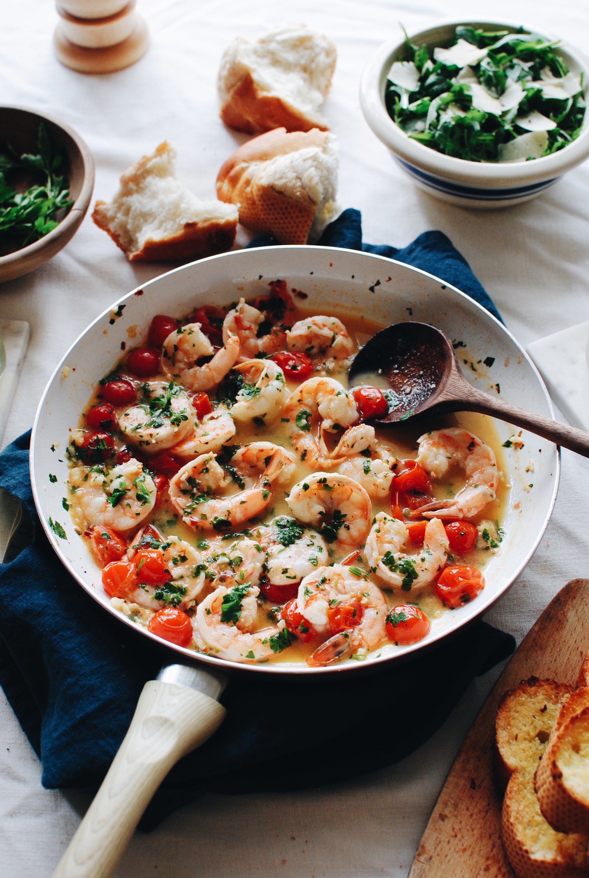 Shrimp Scampi with Tomatoes and Crusty Bread / Bev Cooks