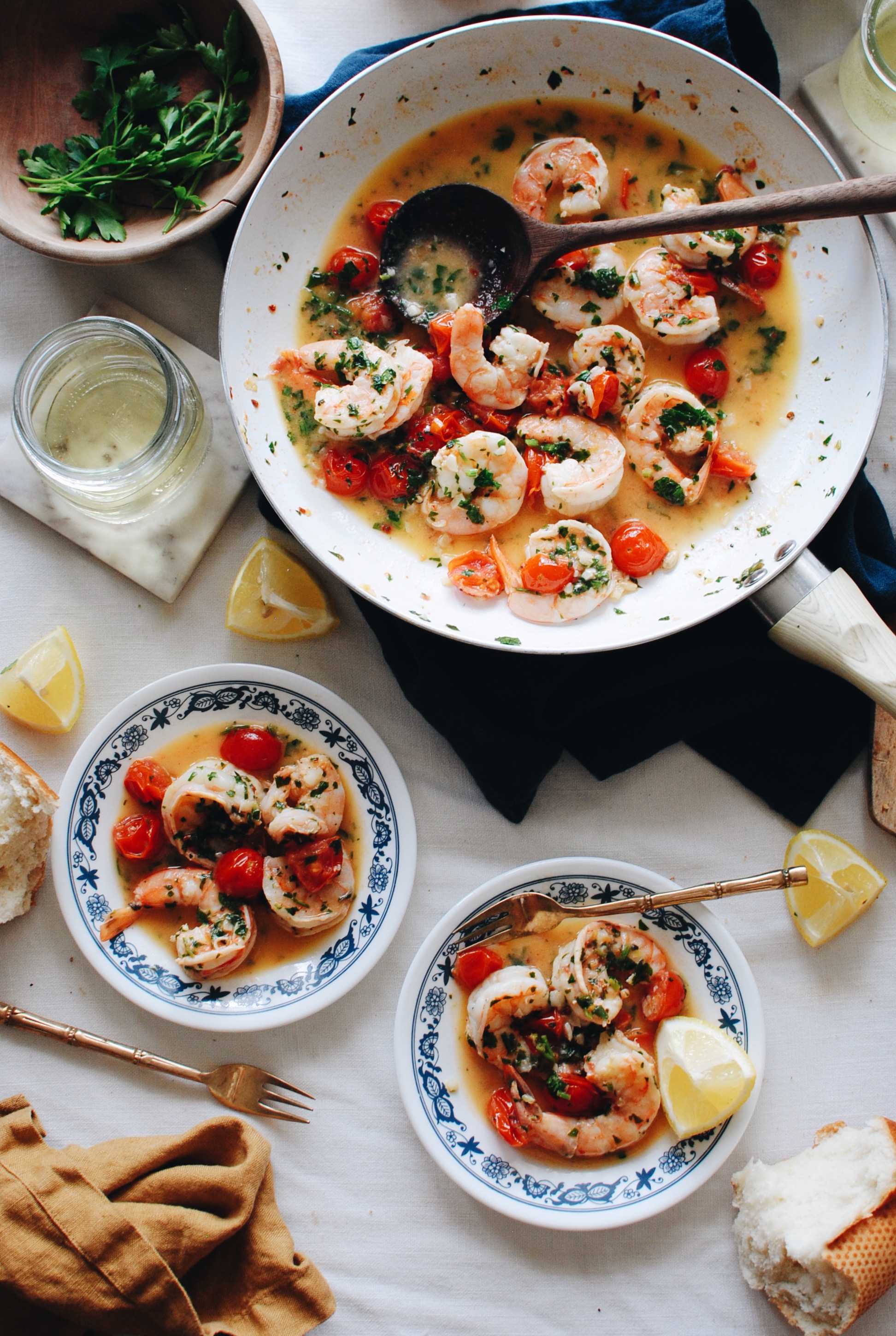 Shrimp Scampi with Tomatoes and Crusty Bread / Bev Cooks