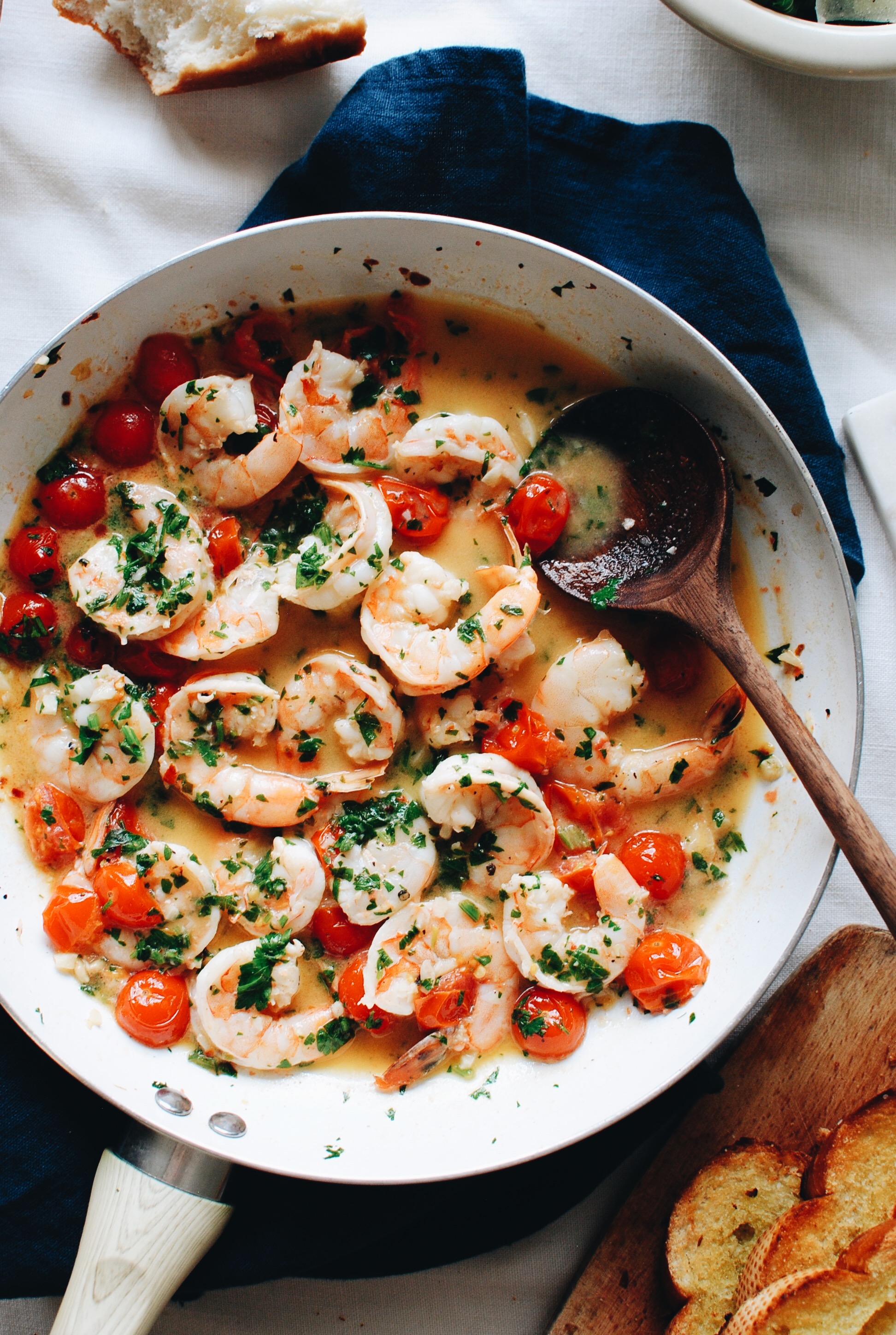 Shrimp Scampi with Tomatoes and Crusty Bread / Bev Cooks