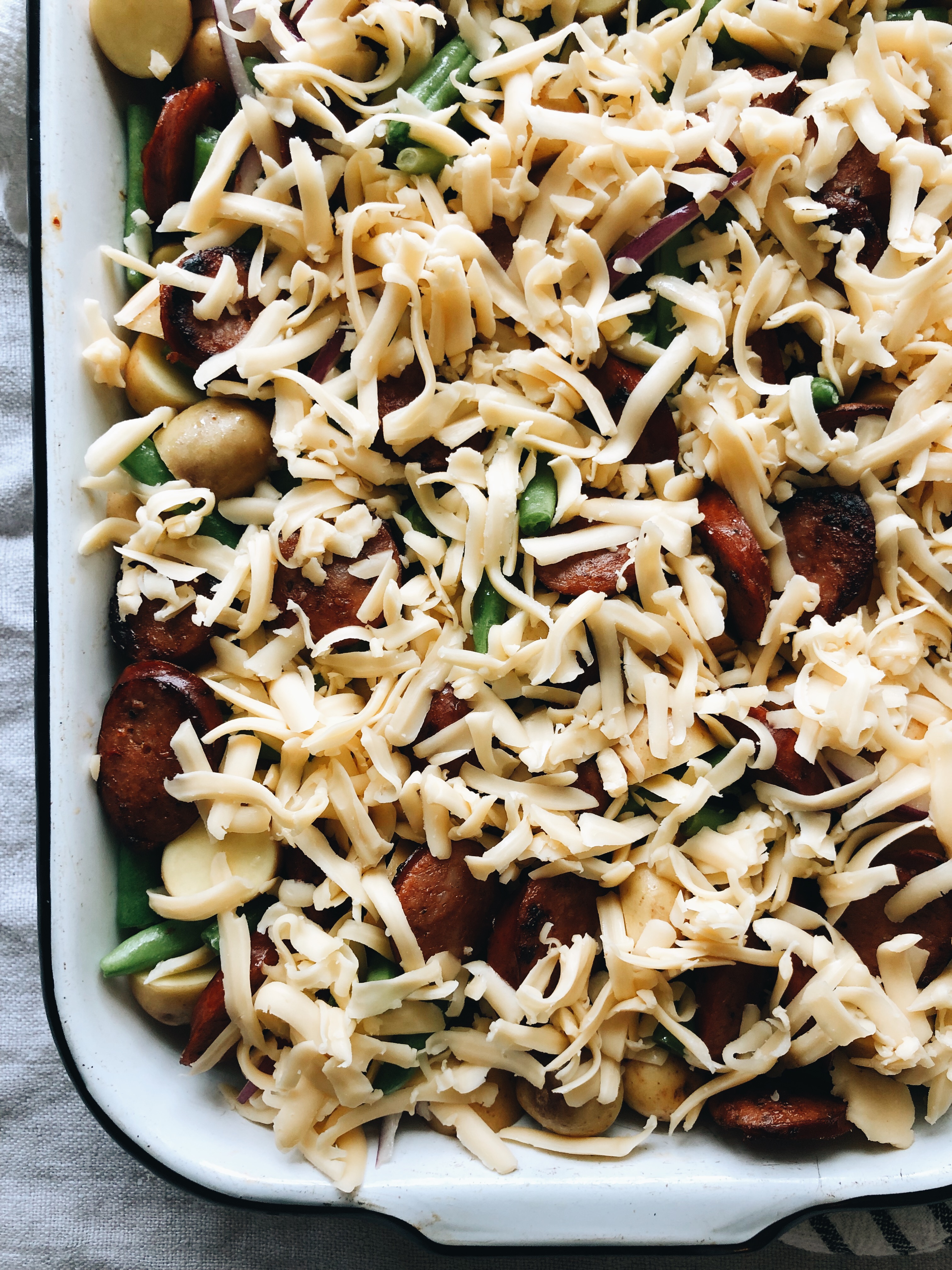 Cheesy Sausage, Green Bean and Potato Bake / Bev Cooks