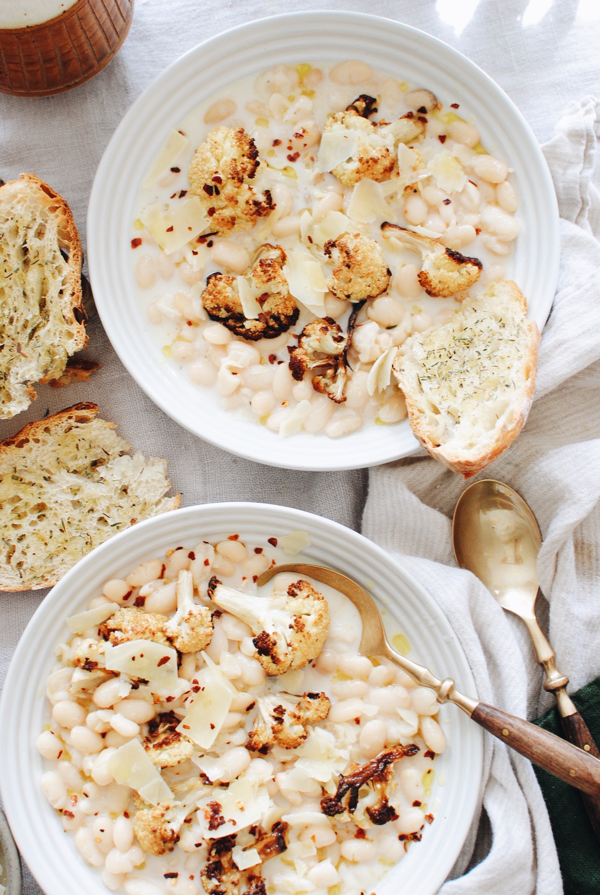 Creamy White Beans with Roasted Cauliflower / Bev Cooks