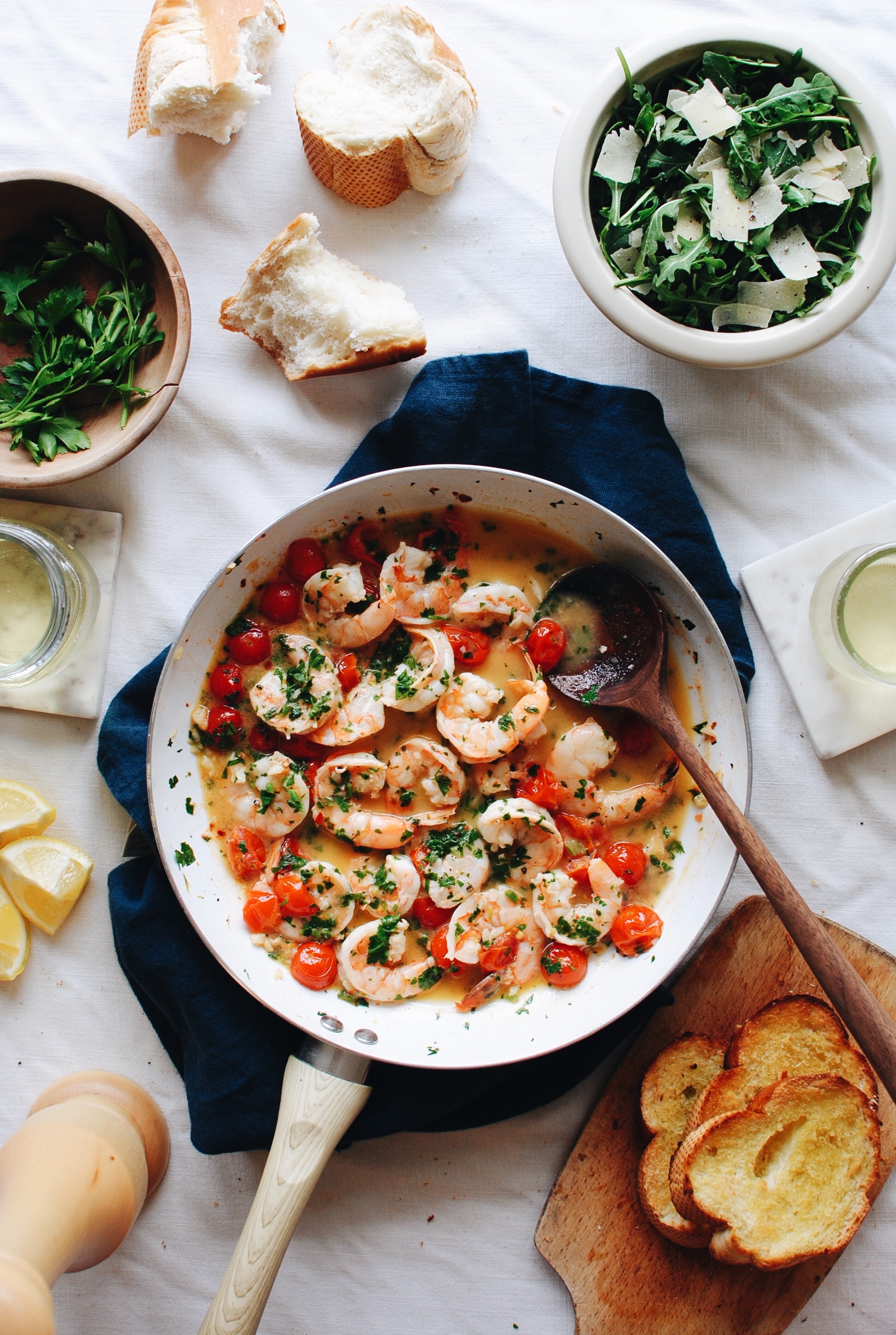 Shrimp Scampi with Tomatoes and Crusty Bread / Bev Cooks