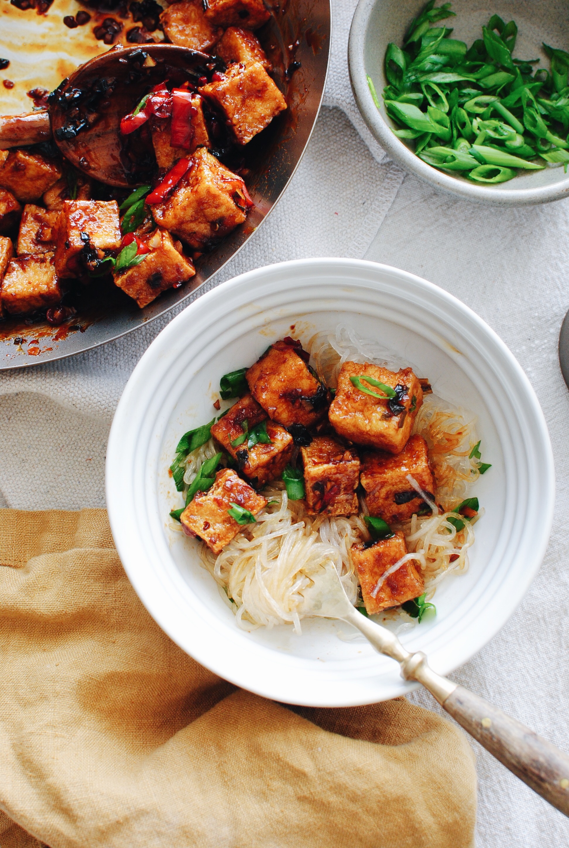 Sticky Tofu with Glass Noodles / Bev Cooks