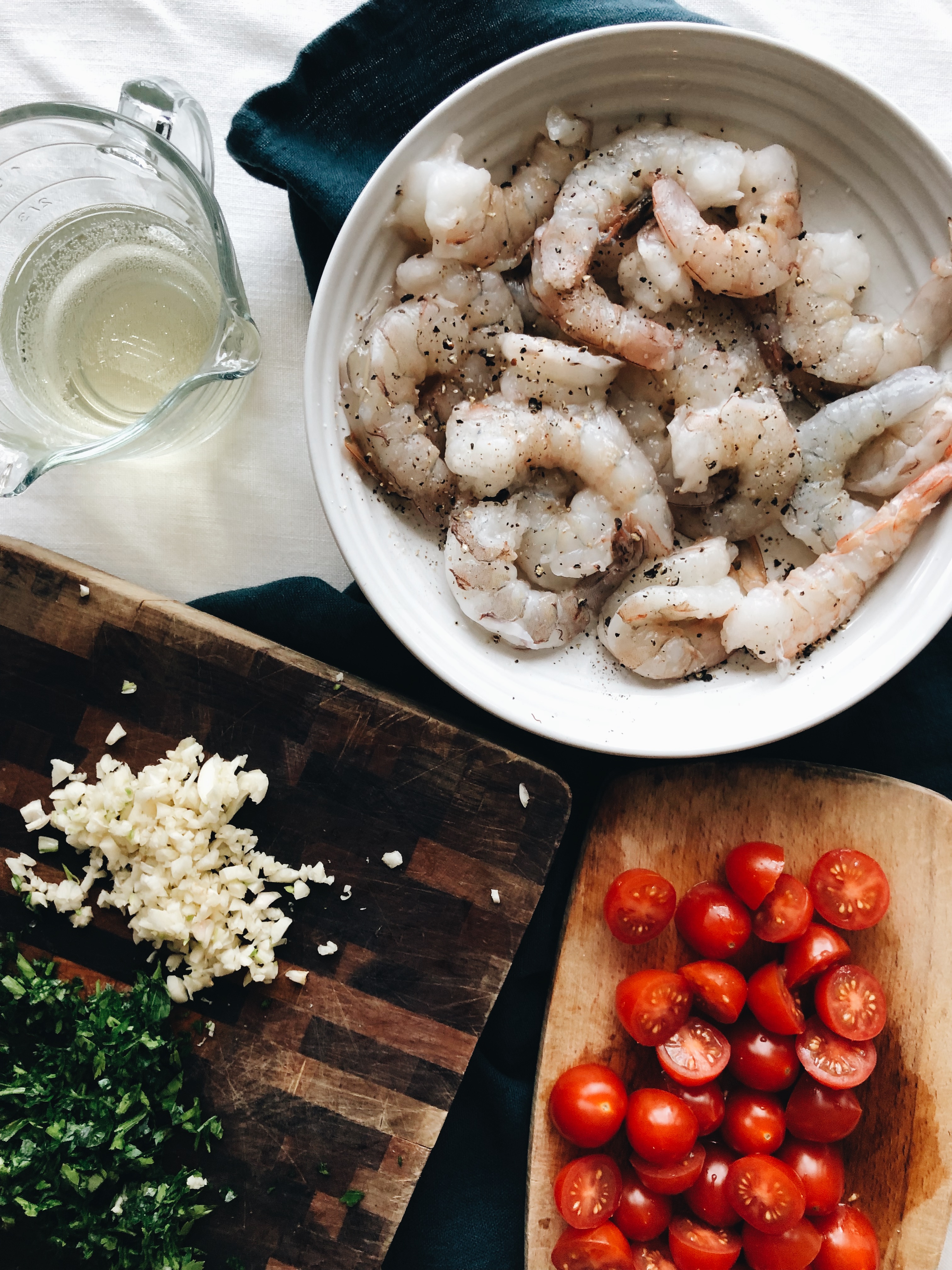 Shrimp Scampi with Tomatoes and Crusty Bread / Bev Cooks