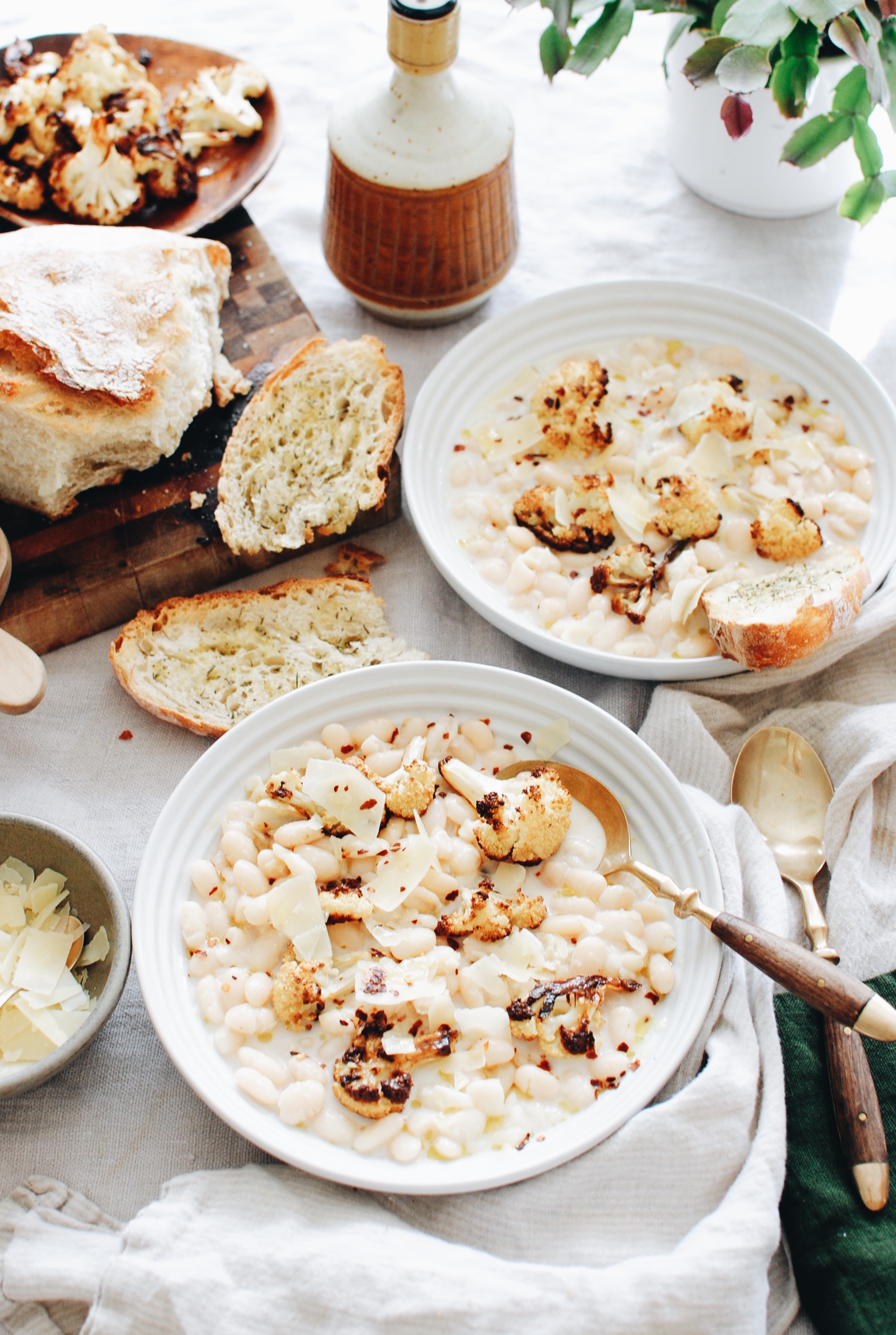 Creamy White Beans with Roasted Cauliflower / Bev Cooks