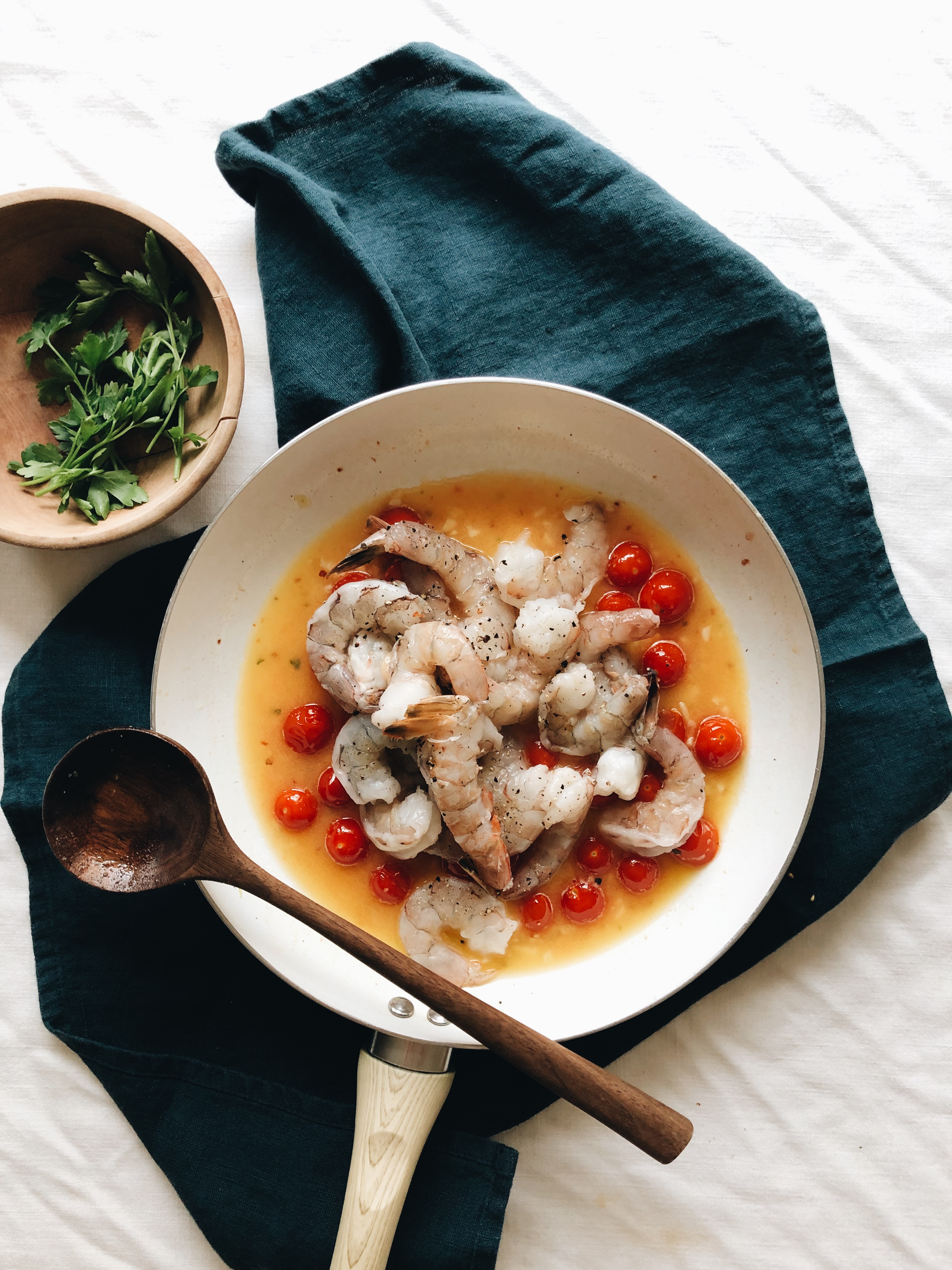 Shrimp Scampi with Tomatoes and Crusty Bread / Bev Cooks