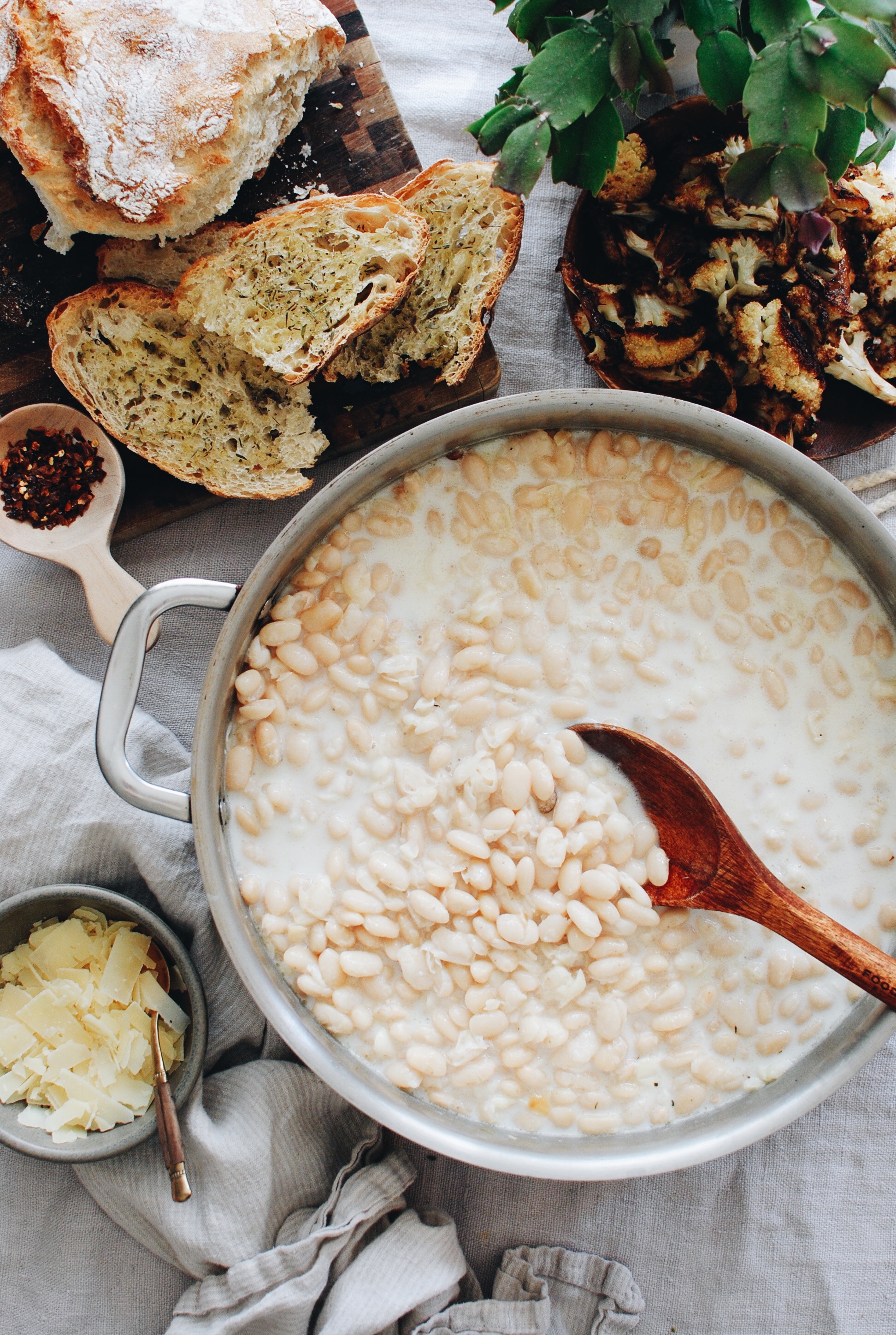 Creamy White Beans with Roasted Cauliflower / Bev Cooks