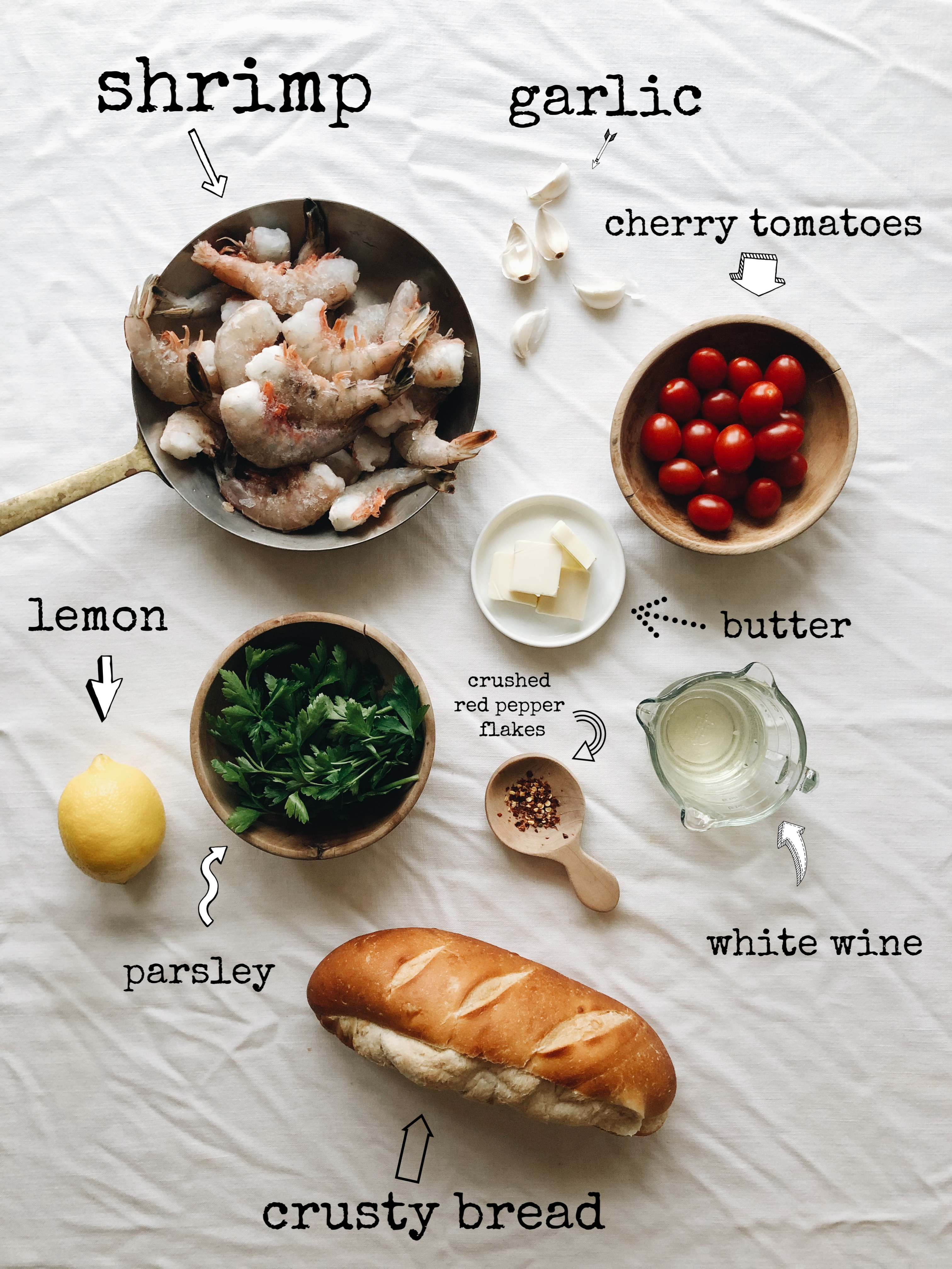 Shrimp Scampi with Tomatoes and Crusty Bread / Bev Cooks