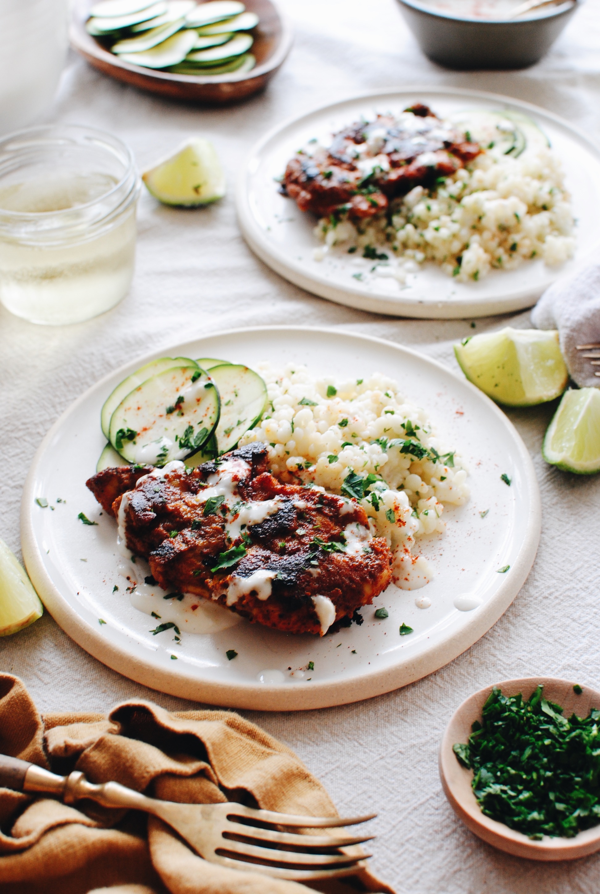 Tandoori Chicken Thighs with Israeli Couscous / Bev Cooks