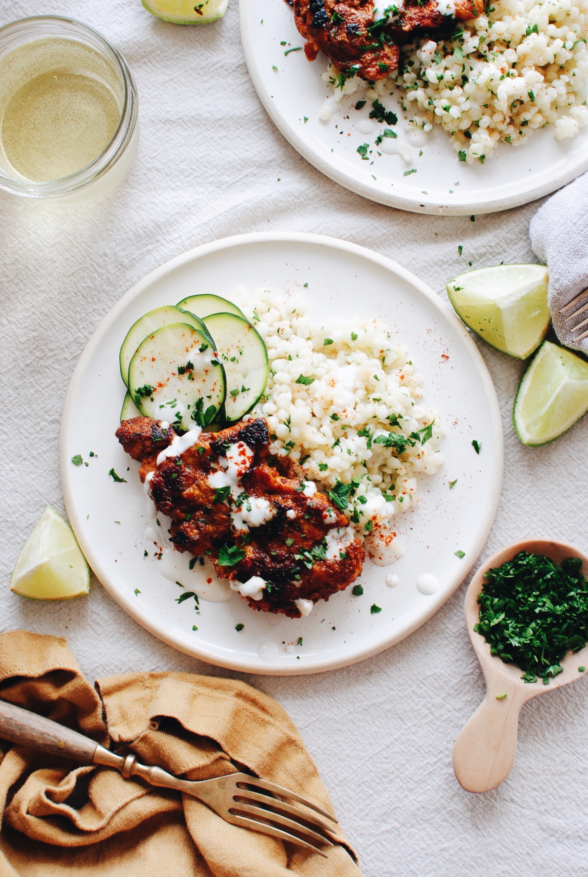 Tandoori Chicken Thighs with Israeli Couscous / Bev Cooks