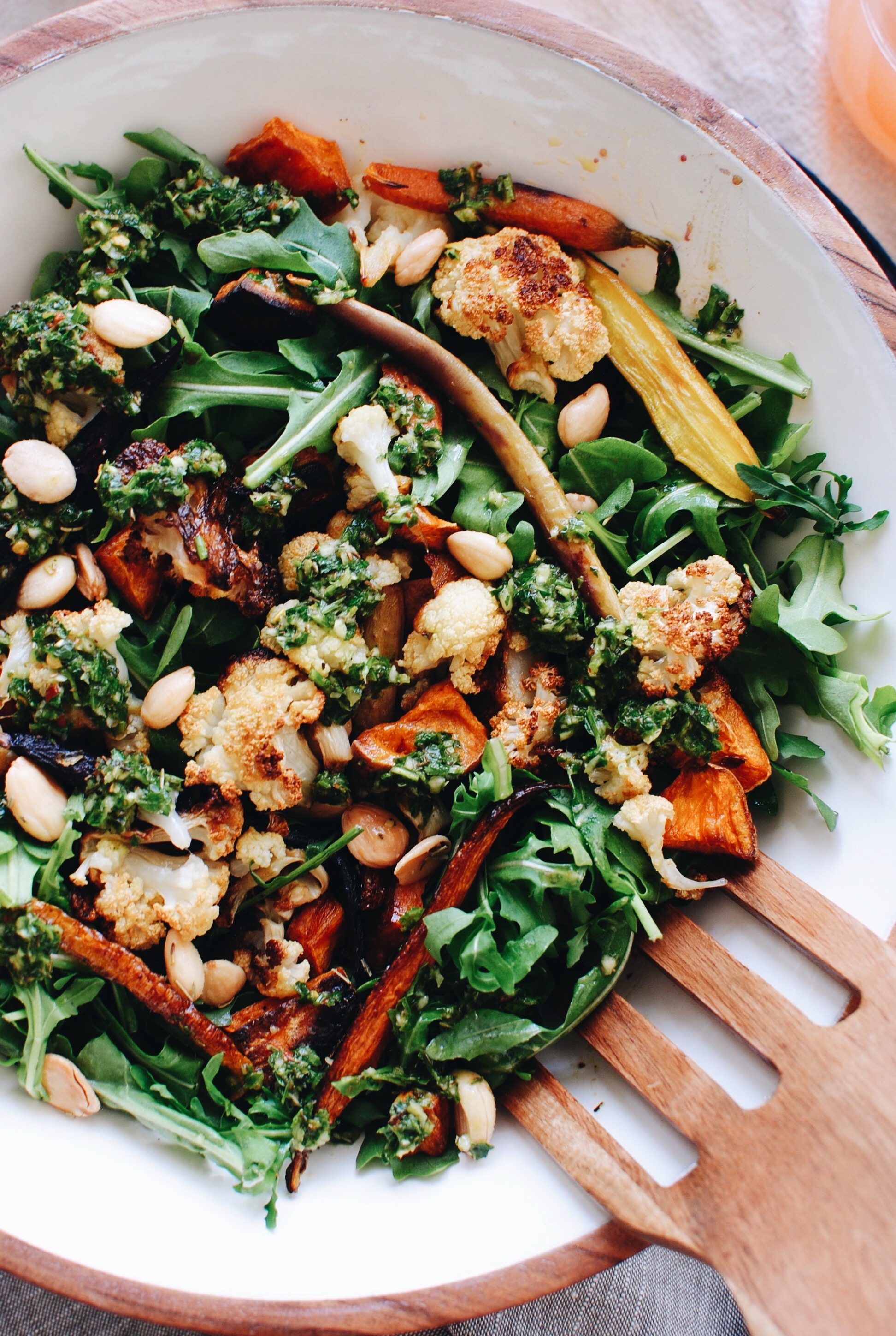 Roasted Veggie Salad with Arugula, Marcona Almonds and Chimichurri / Bev Cooks