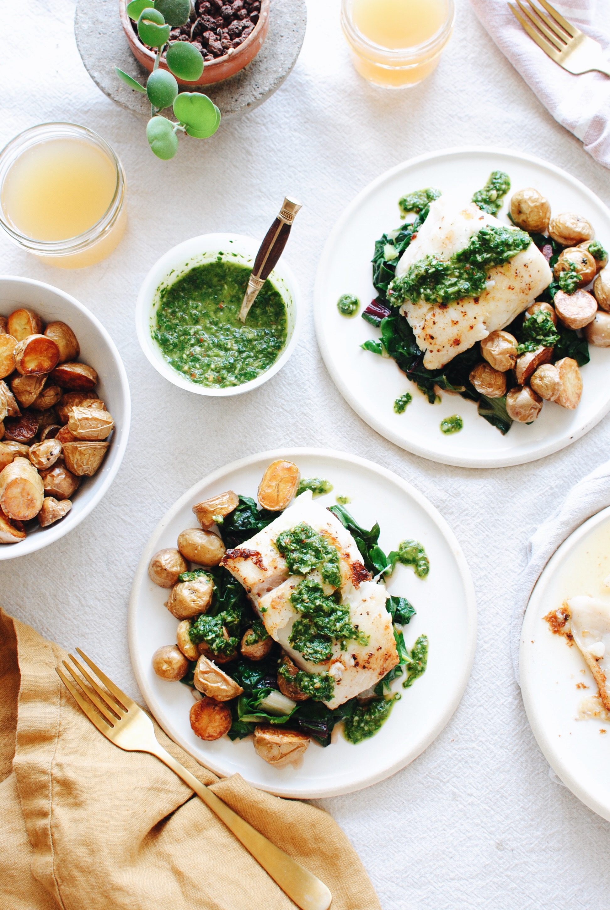 Halibut with Roasted Potatoes, Swiss Chard and a Chimichurri Sauce / Bev Cooks