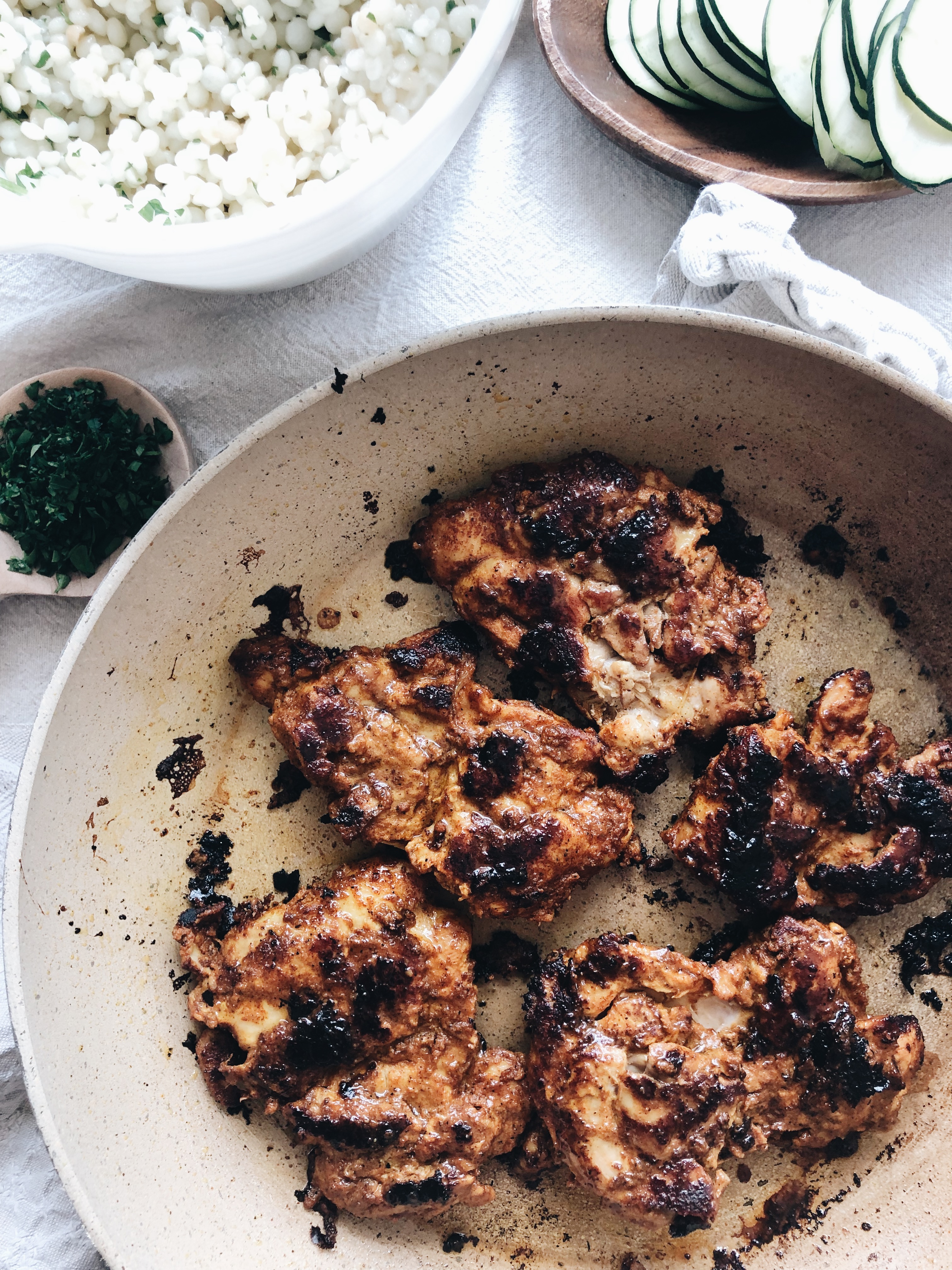 Tandoori Chicken Thighs with Israeli Couscous / Bev Cooks