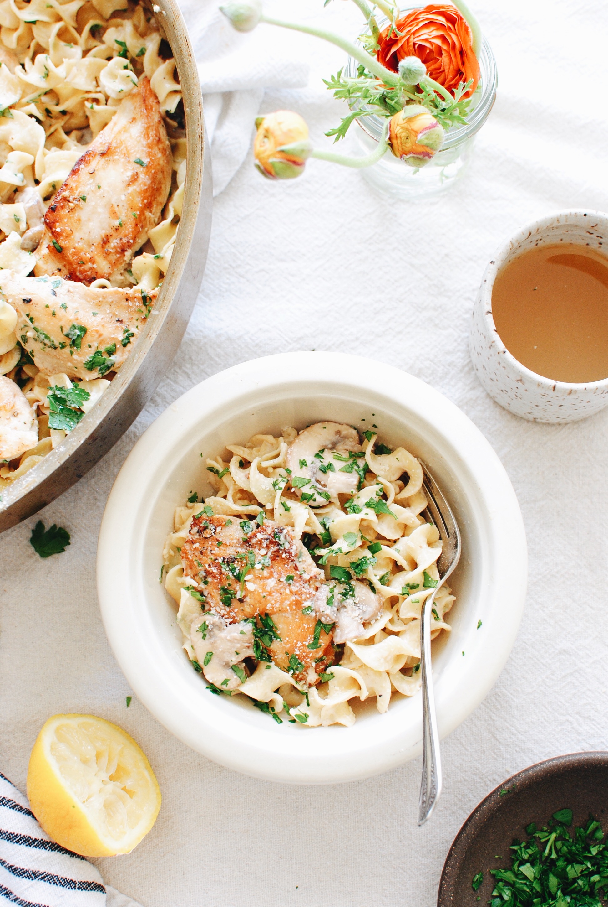 Creamy Chicken and Mushroom Pasta / Bev Cooks