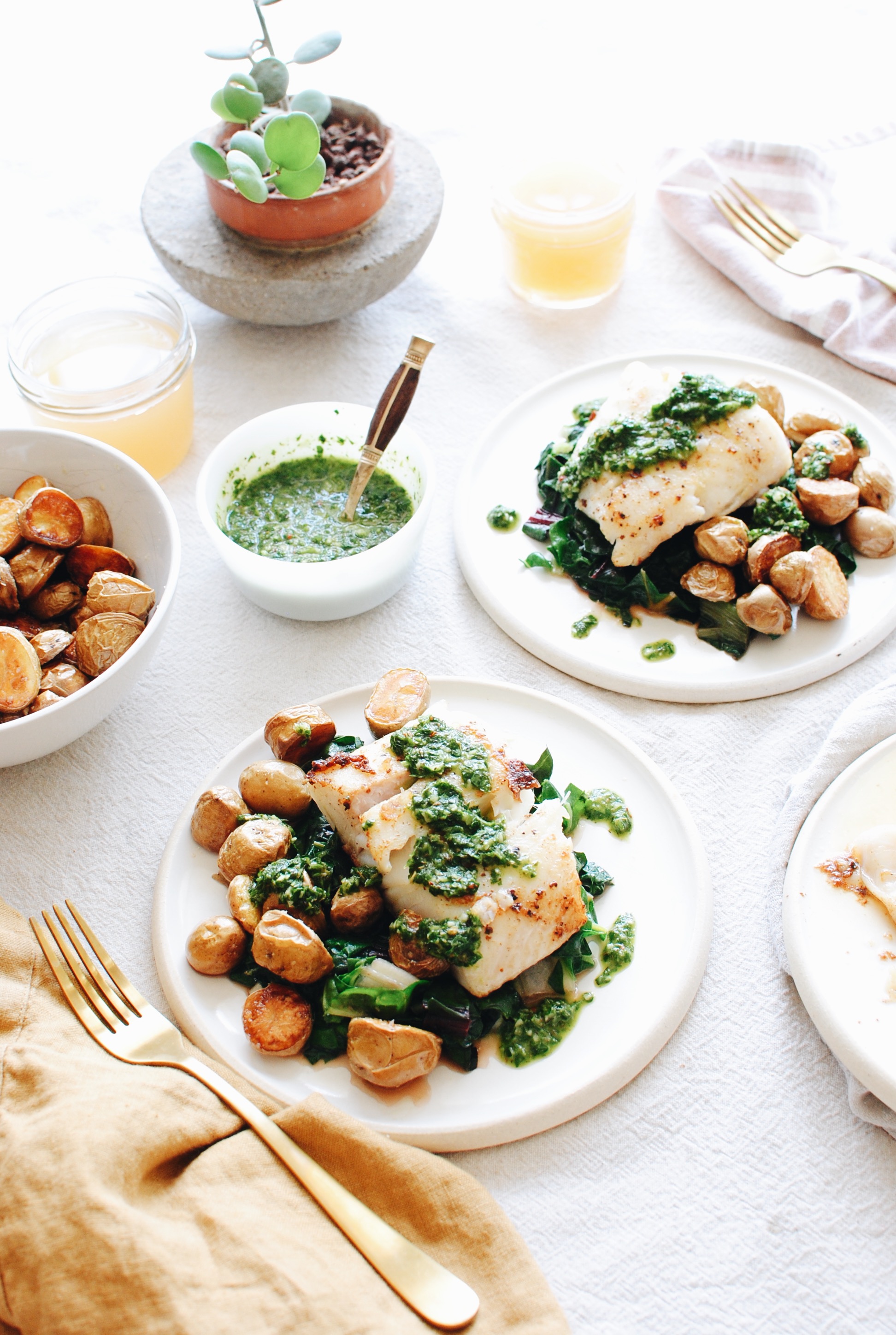 Halibut with Roasted Potatoes, Swiss Chard and a Chimichurri Sauce / Bev Cooks