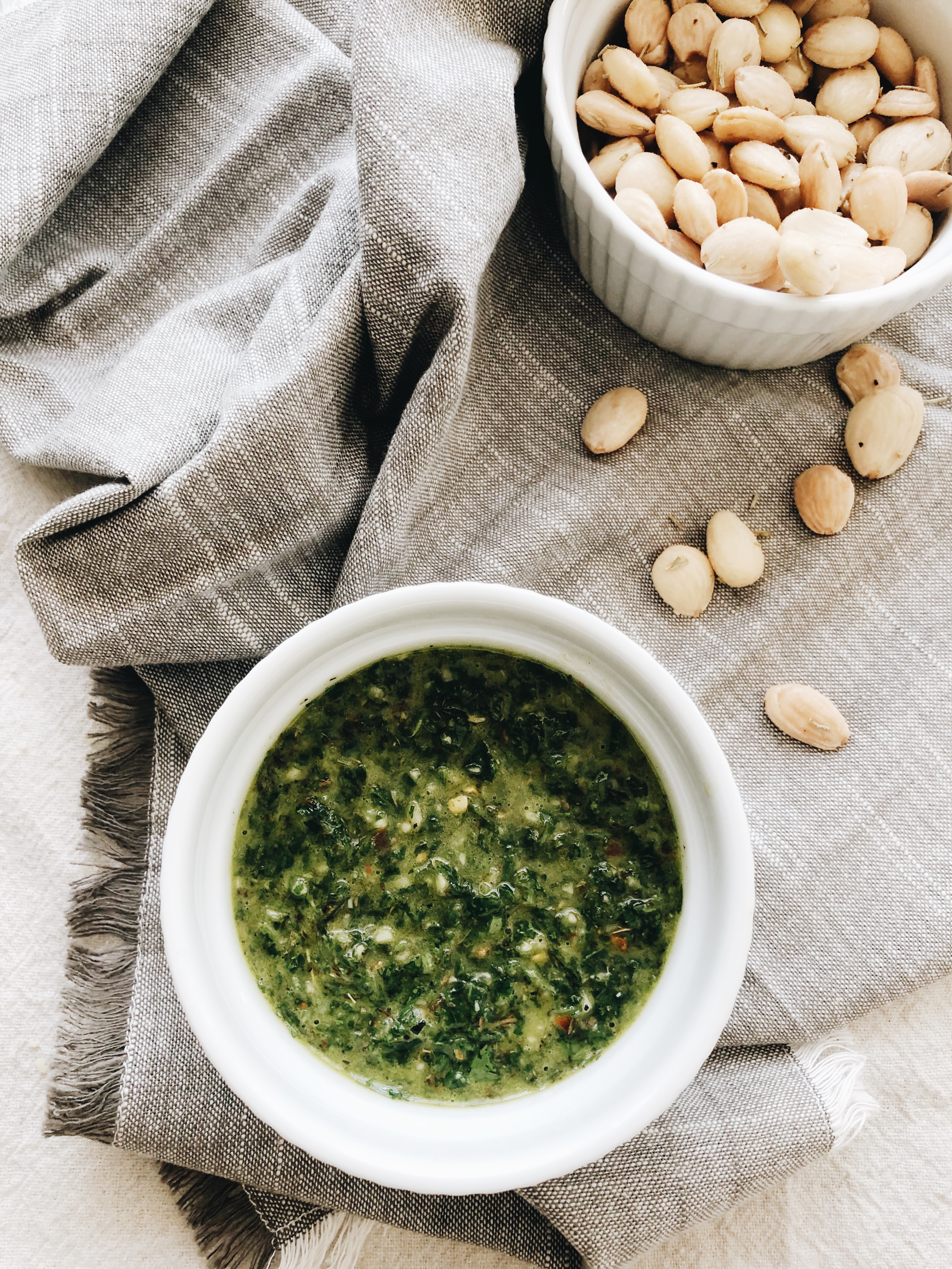 Roasted Veggie Salad with Arugula, Marcona Almonds and Chimichurri / Bev Cooks